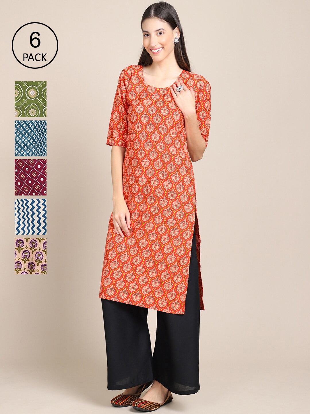 

7Threads Women Pack of 6 Digital Printed Straight Kurtas, Green