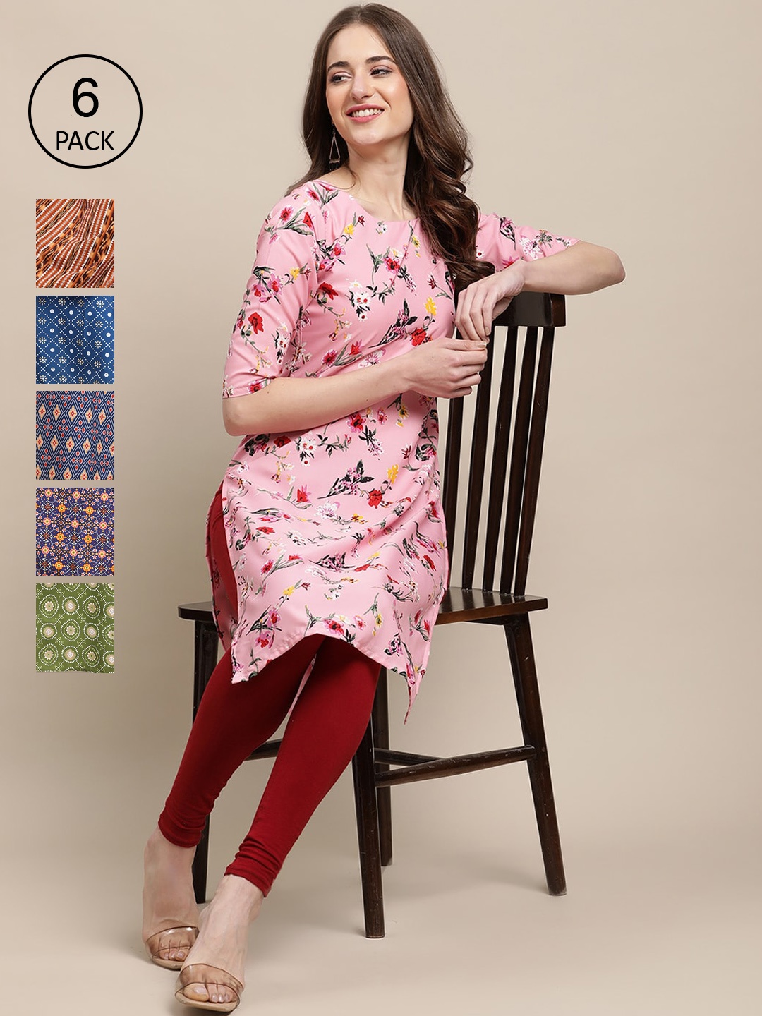 

7Threads Women Pack of 6 Ethnic Motifs Printed Crepe Kurta, Multi