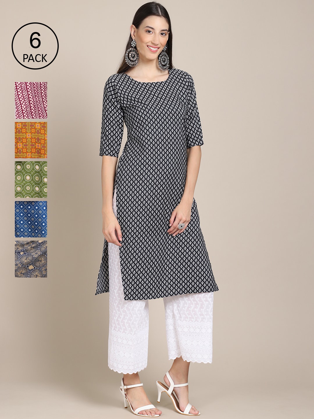 

7Threads Pack Of 6 Women Printed Crepe Kurta, Black