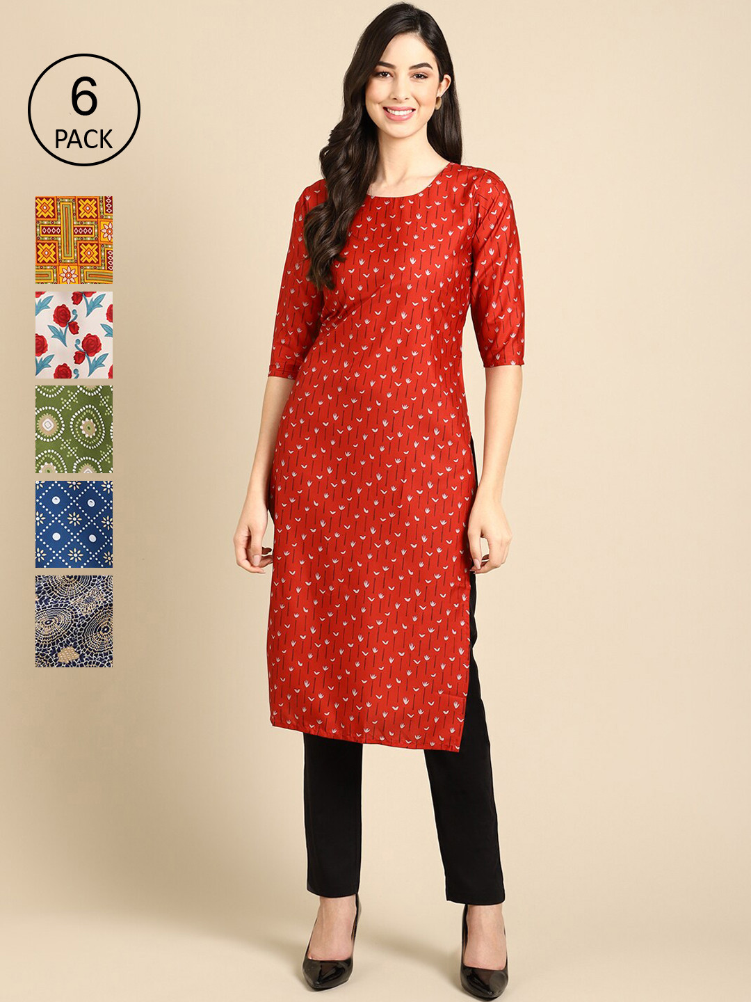 

7Threads Women Multicoloured Pack Of 6 Geometric Printed Crepe Kurta, Multi