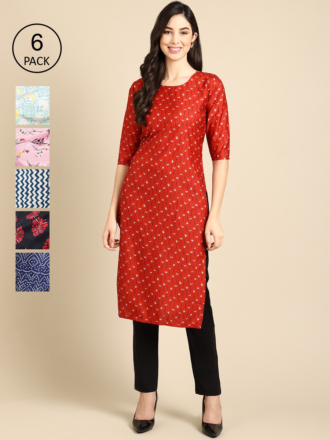 

7Threads Women Pack of 6 Geometric Printed Crepe Kurta, Red