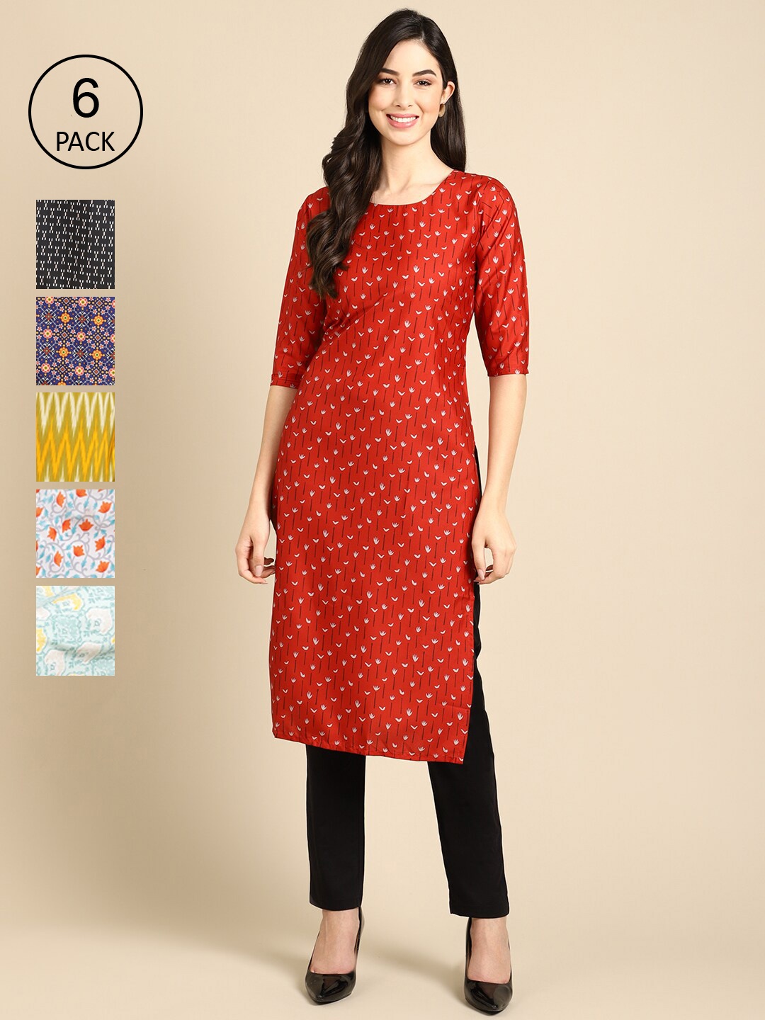 

7Threads Women Pack of 6 Digital Printed Crepe Straight Kurtas, Red