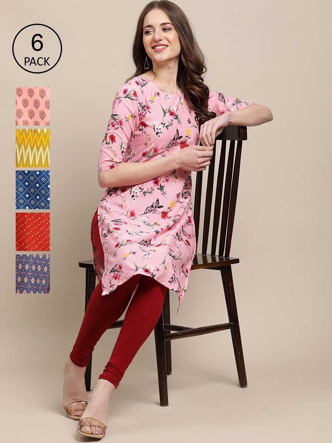 

7Threads Women Pack Of 6 Geometric Printed Keyhole Neck Crepe Kurta, Pink
