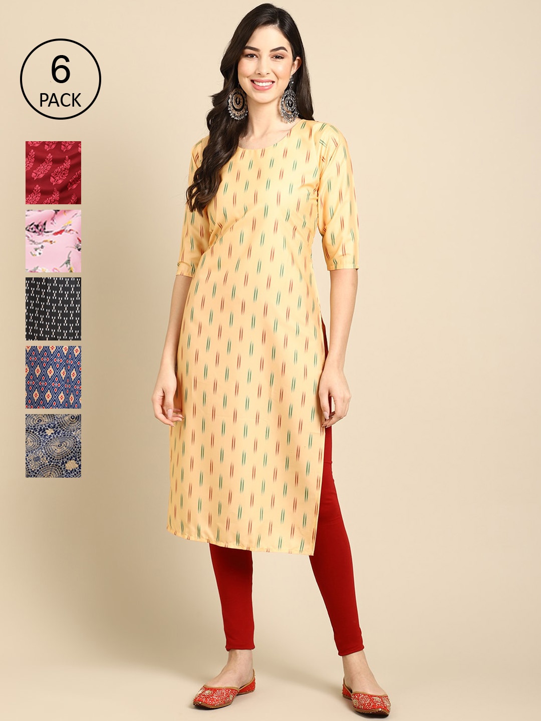 

7Threads Women Multicoloured Pack of 6 Digital Printed Straight Kurtas, Multi