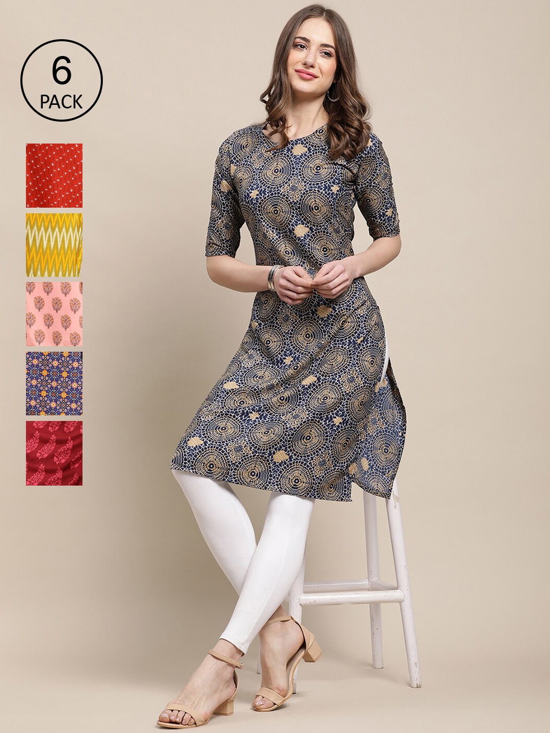 

7Threads Women Pack of 6 Printed Crepe Kurta, Blue