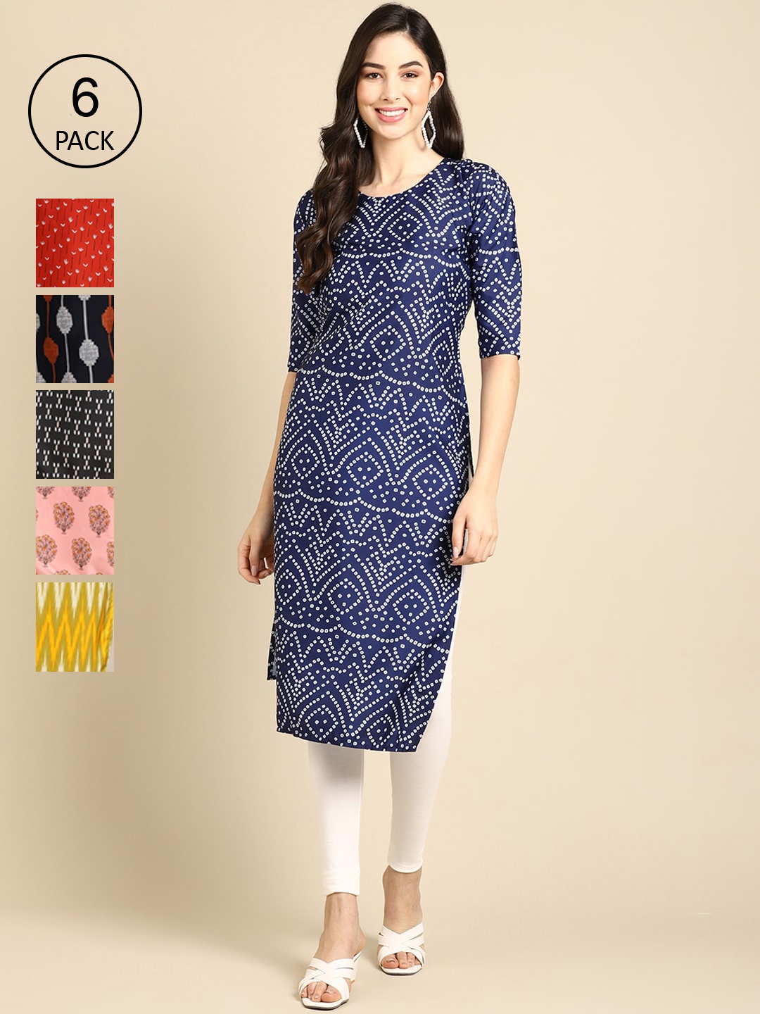 

7Threads Women Pack Of 6 Multicoloured Geometric Printed Crepe Kurta, Multi
