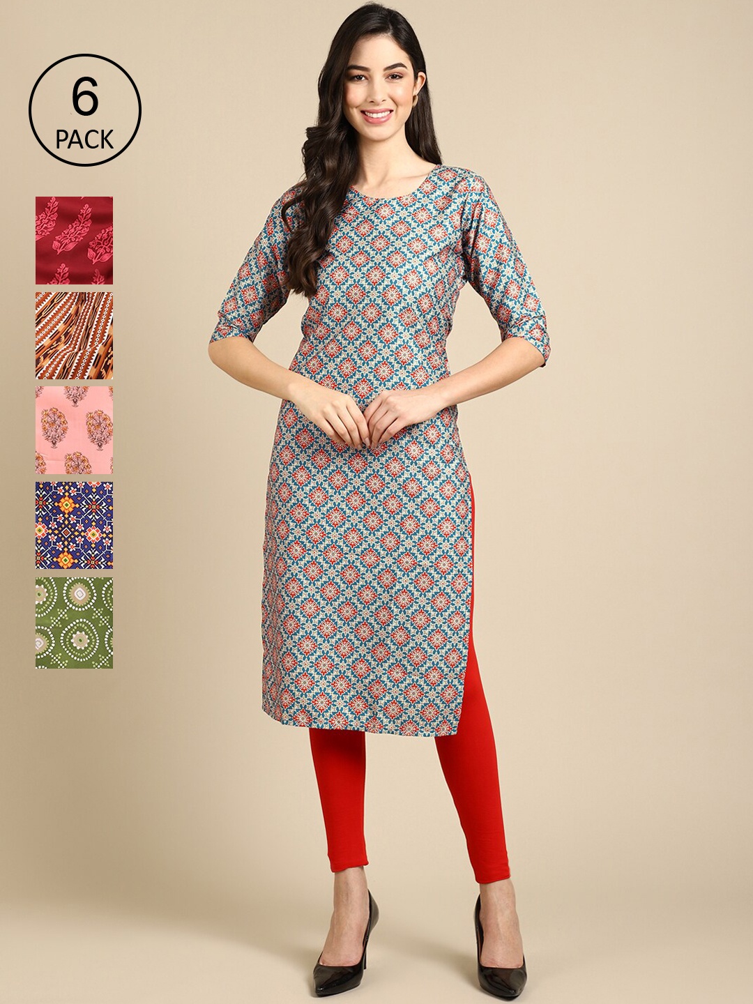 

7Threads Women Pack Of 6 Multicoloured Geometric Printed Crepe Kurta, Multi