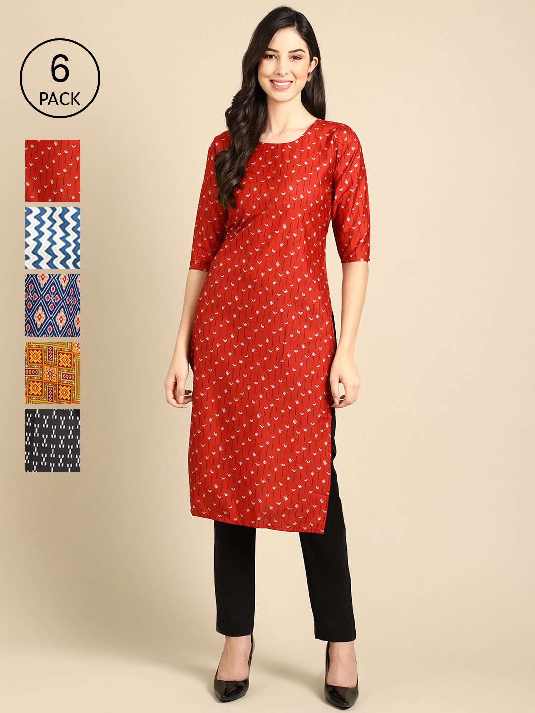 

7Threads Women Pack Of 6 Multicoloured Ethnic Motifs Printed Crepe Kurta, Multi