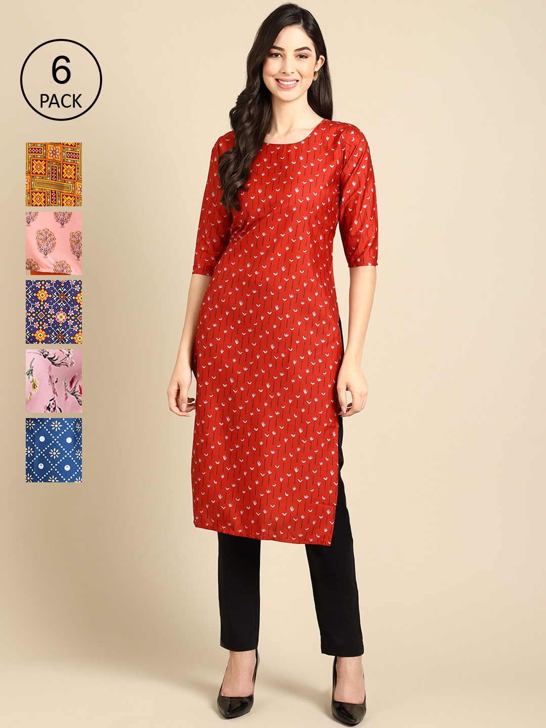 

7Threads Women Pack Of 6 Multicoloured Geometric Printed Crepe Kurta, Multi