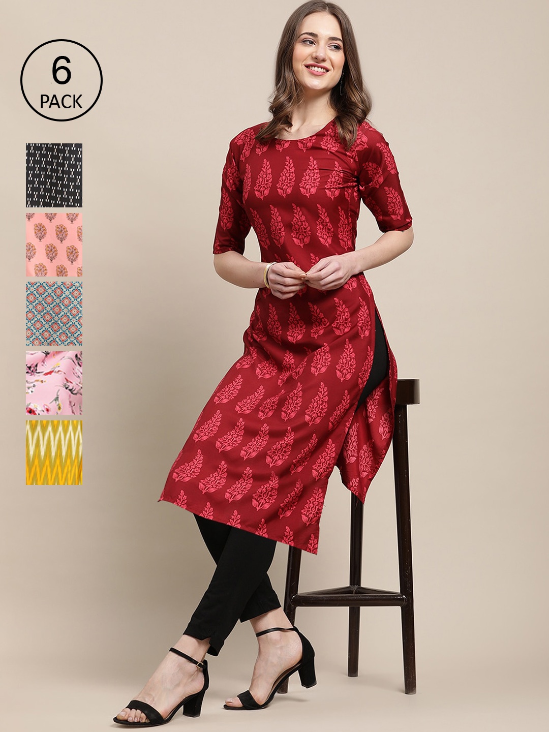 

7Threads Women Pack Of 6 Multicoloured Paisley Printed Crepe Kurta, Multi