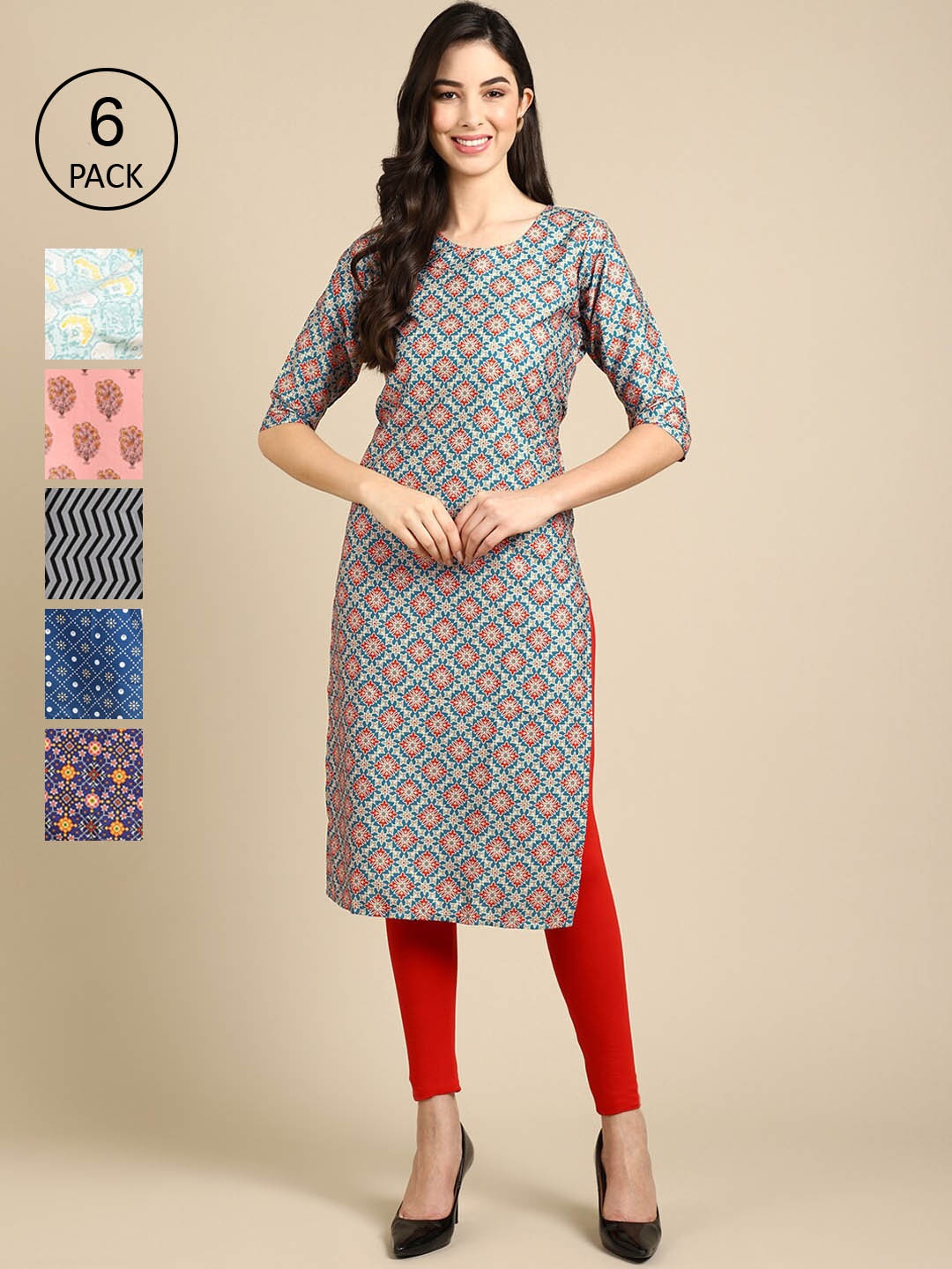 

7Threads Women Pack Of 6 Geometric Printed Crepe Kurta, Pink