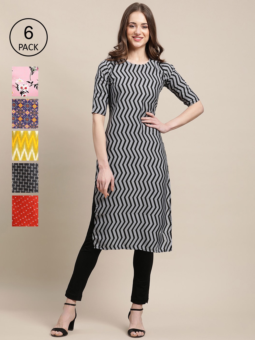 

7Threads Women Pack Of 6 Geometric Printed Crepe Kurta, Black