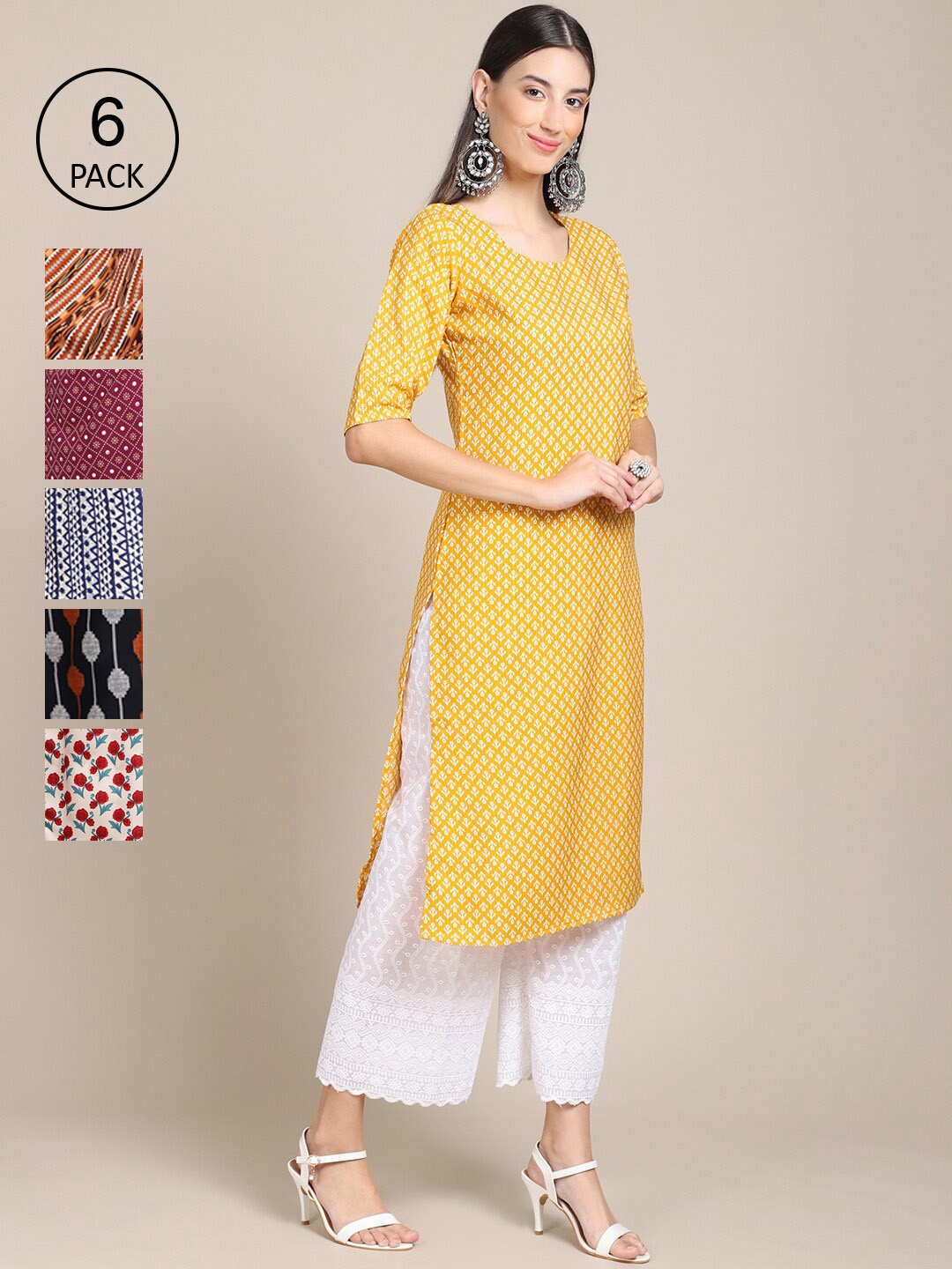 

7Threads Women Pack Of 6 Geometric Printed Crepe Kurta, Yellow