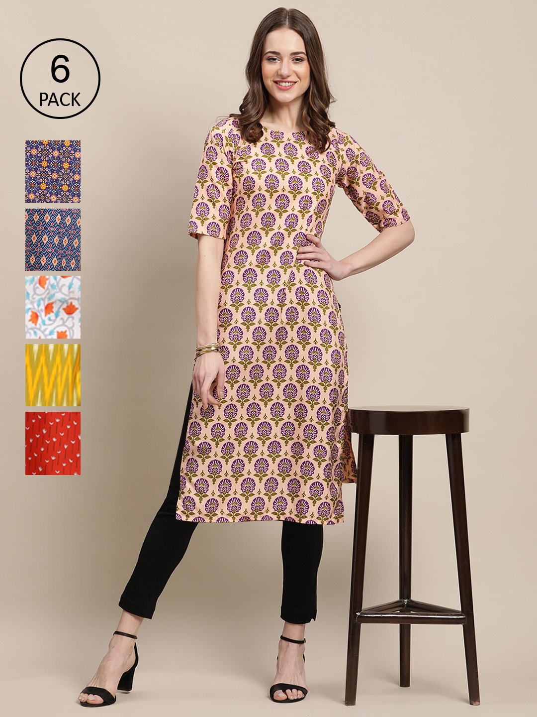 

7Threads Women Pink & Red Ethnic Motifs Printed Crepe Kurta