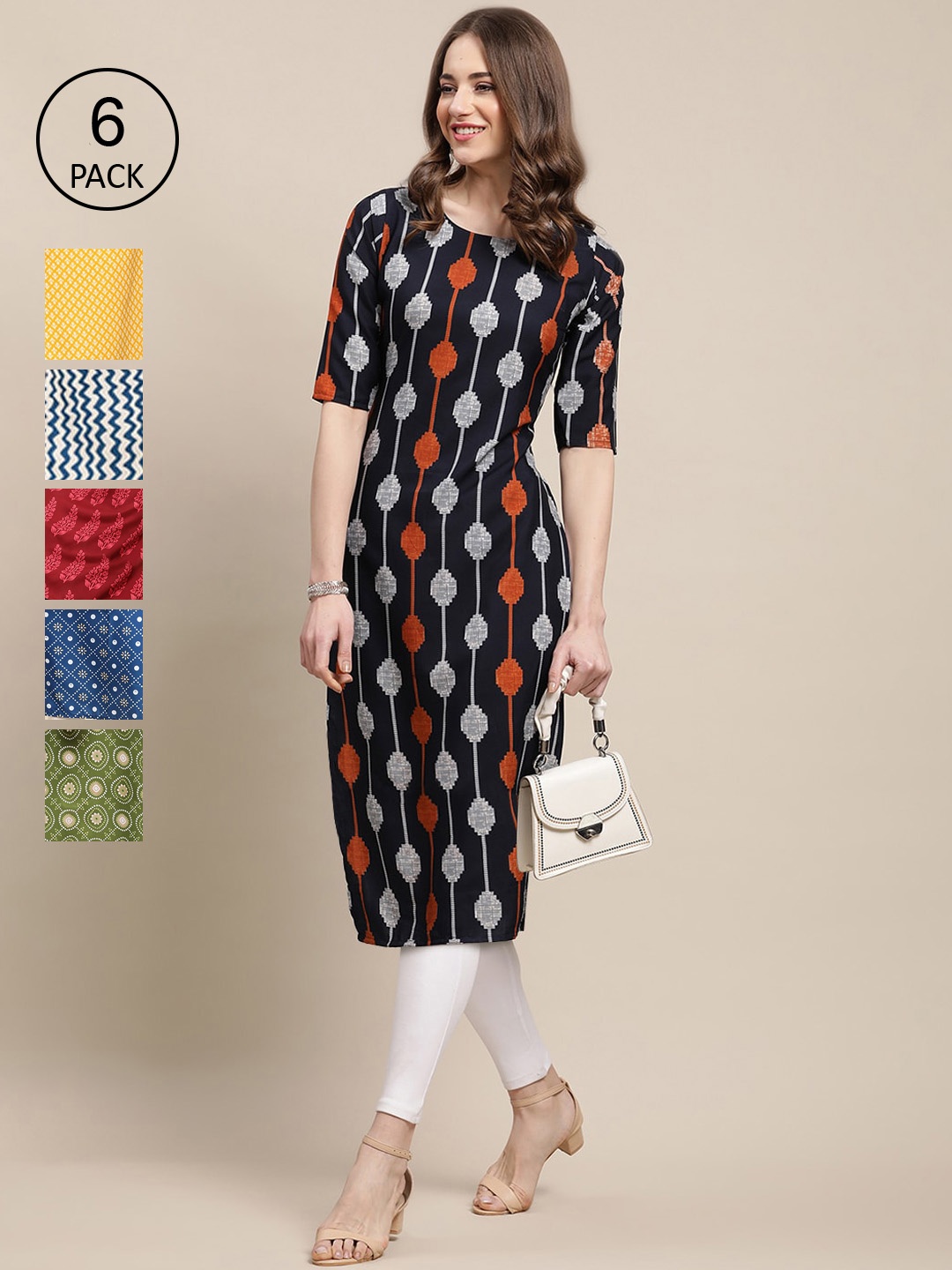 

7Threads Women Pack Of 6 Geometric Printed Crepe Kurta, Yellow
