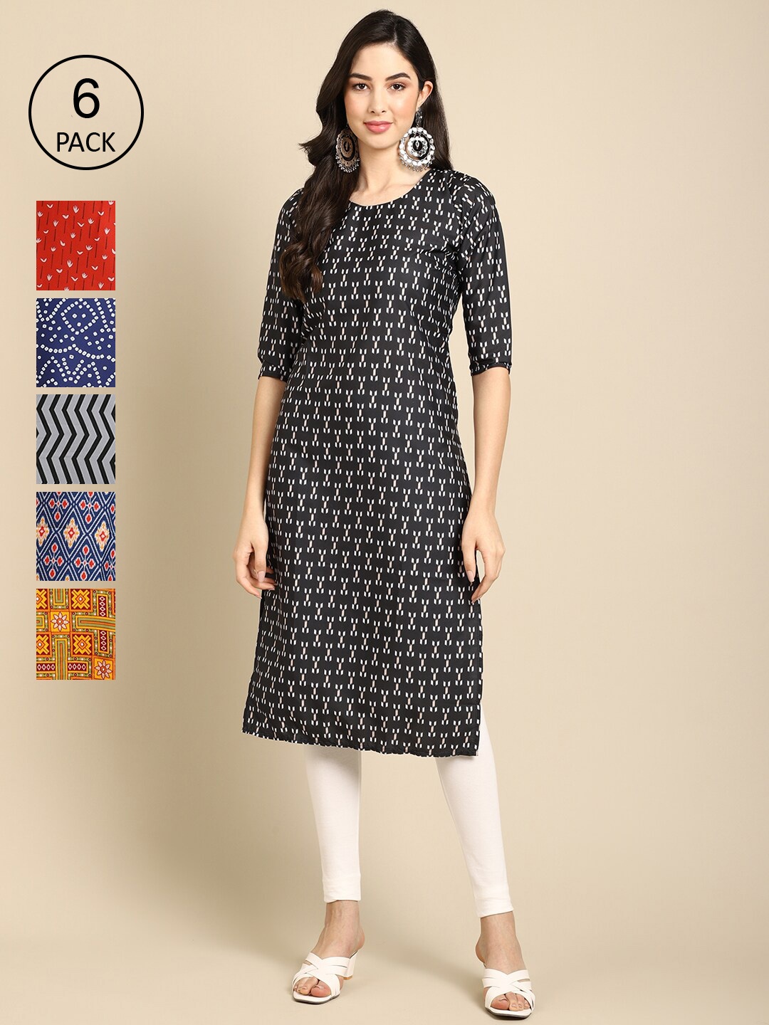 

7Threads Women Pack Of 6 Geometric Printed Crepe Kurta, Red