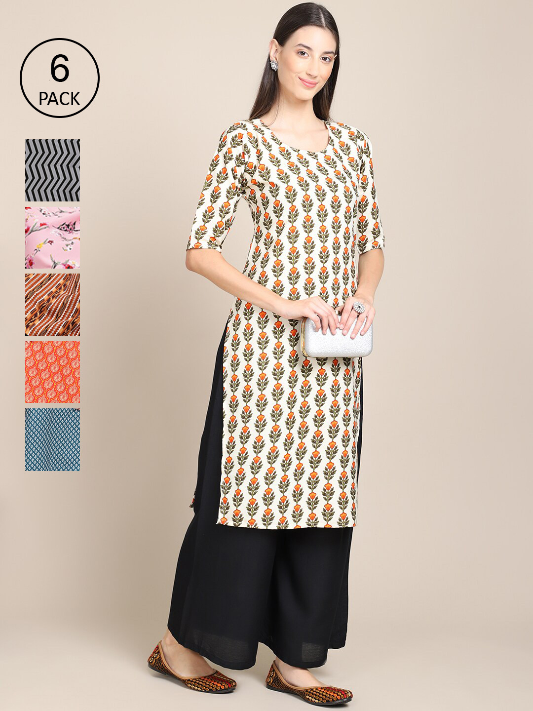 

7Threads Women Pack of 6 Digital Printed Crepe Straight Kurtas, Cream