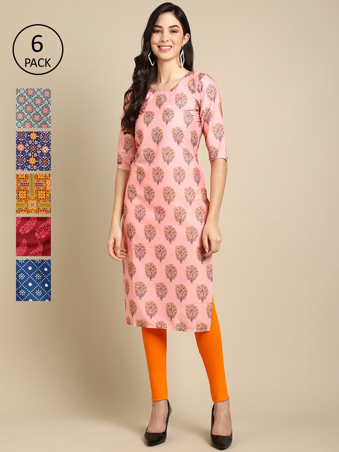 

7Threads Women Pack Of 6 Blue Ethnic Motifs Printed Crepe Kurta