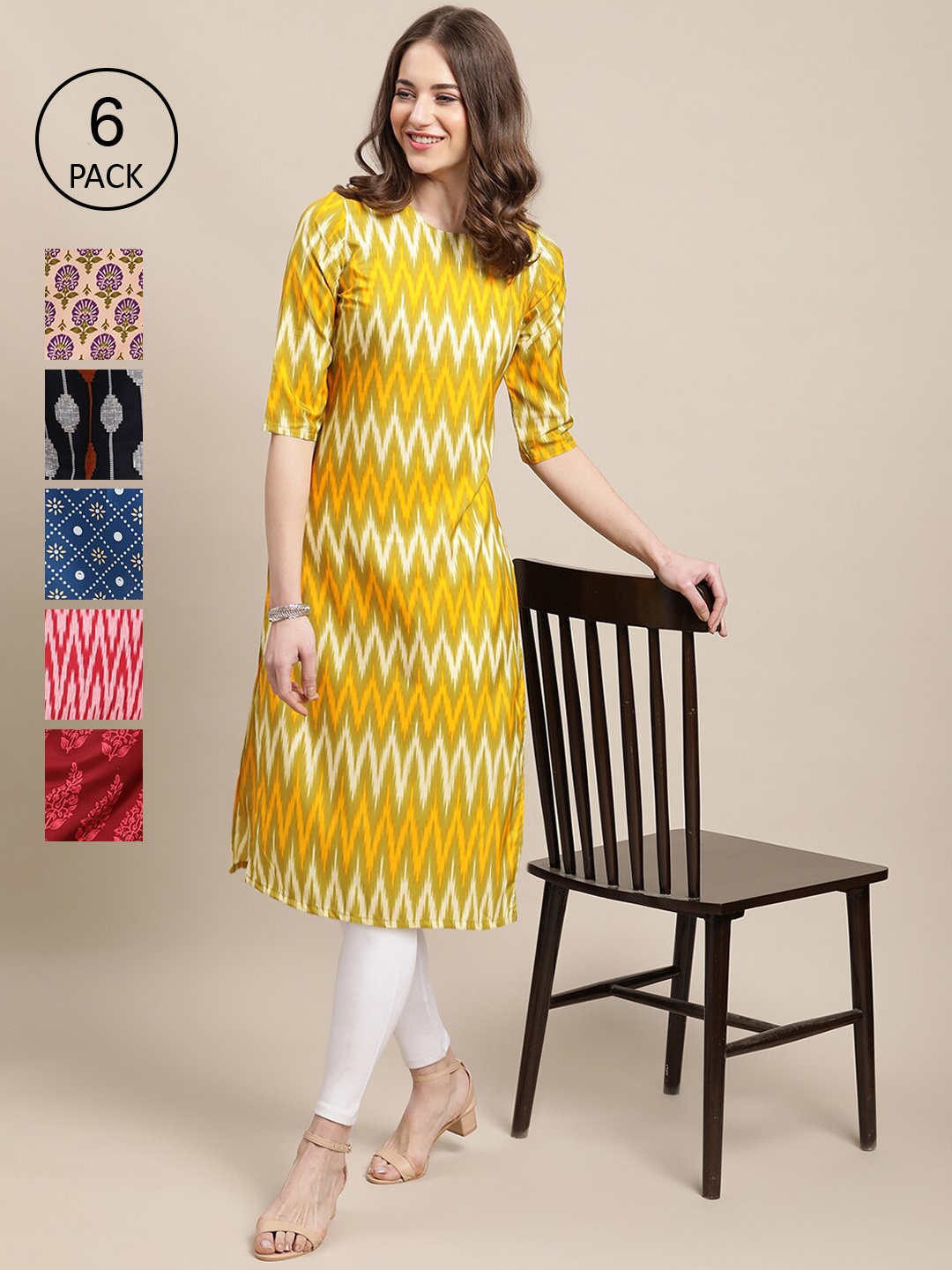 

7Threads Women Yellow and White Crepe Pathani Kurta [PACK OF 6]