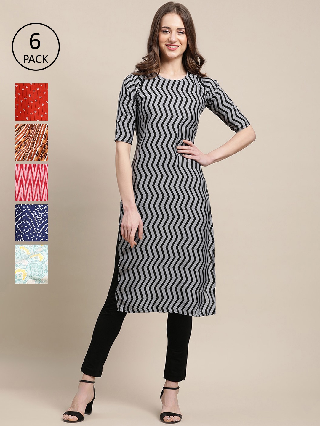 

7Threads Women Pack Of 6 Printed Geometric Striped Crepe Kurta, Red