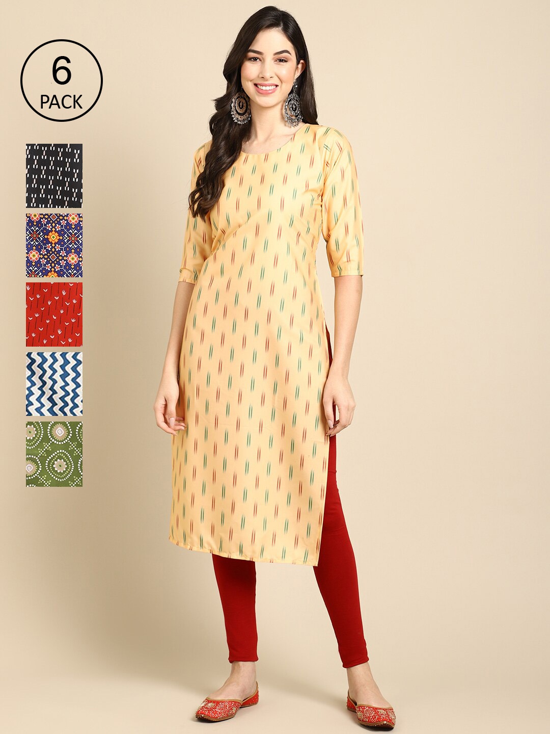 

7Threads PACK OF 6 Women Ethnic Motifs Printed Crepe Kurta, Yellow