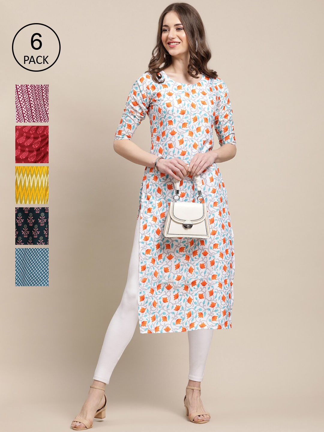 

7Threads Pack Of 6 Women Ethnic Motifs Printed Crepe Kurta, Yellow