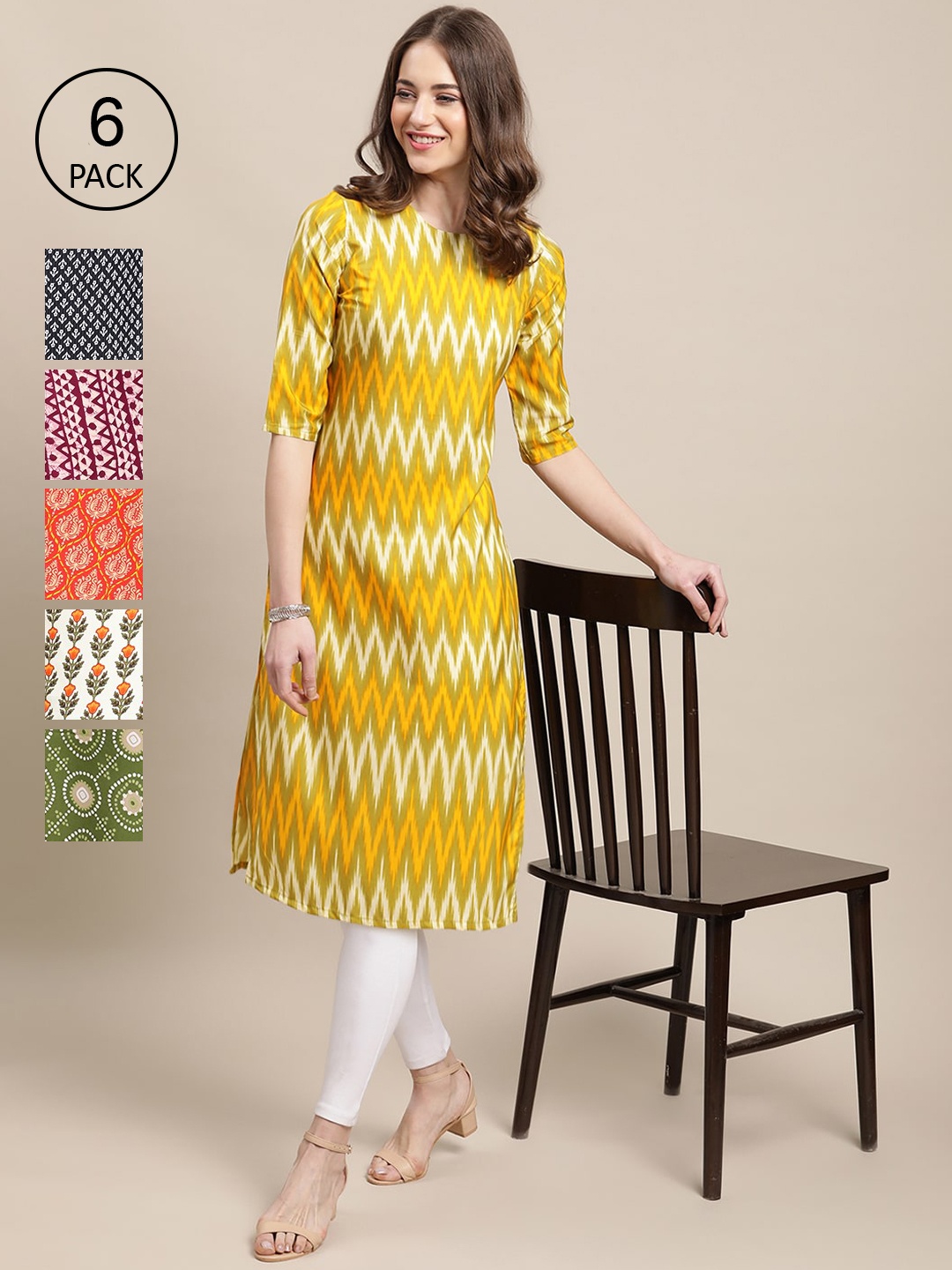 

7Threads PACK OF 6 Women Ethnic Motifs Printed Crepe Kurta, Yellow