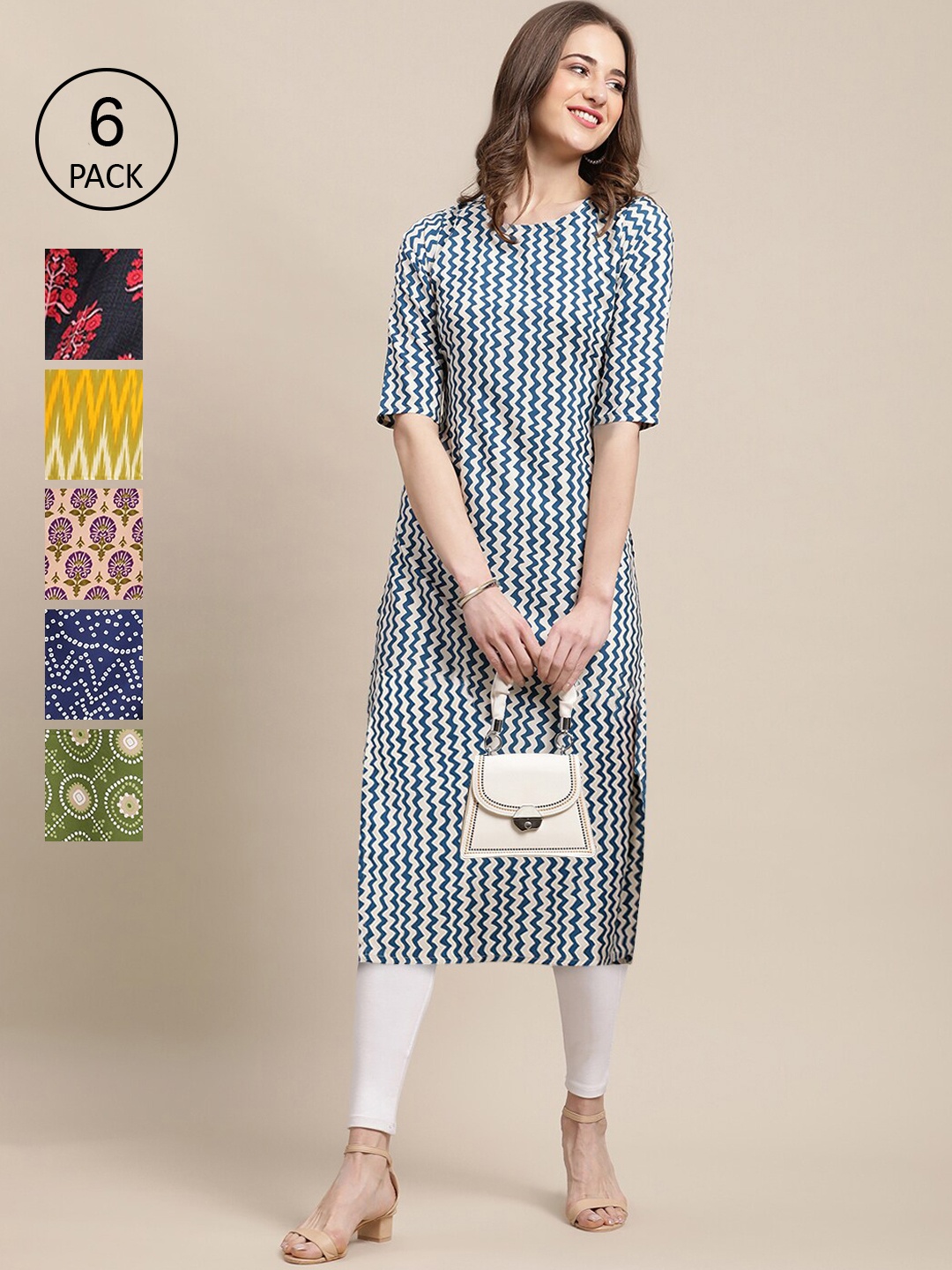

7Threads Women Pack of 6 Geometric Printed Crepe Kurta, Multi