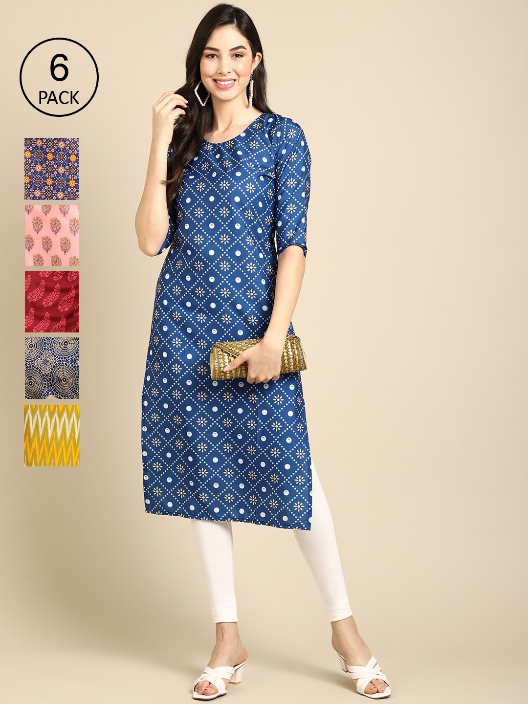 

7Threads Women Pack Of 6 Geometric Printed Crepe Kurta, Multi
