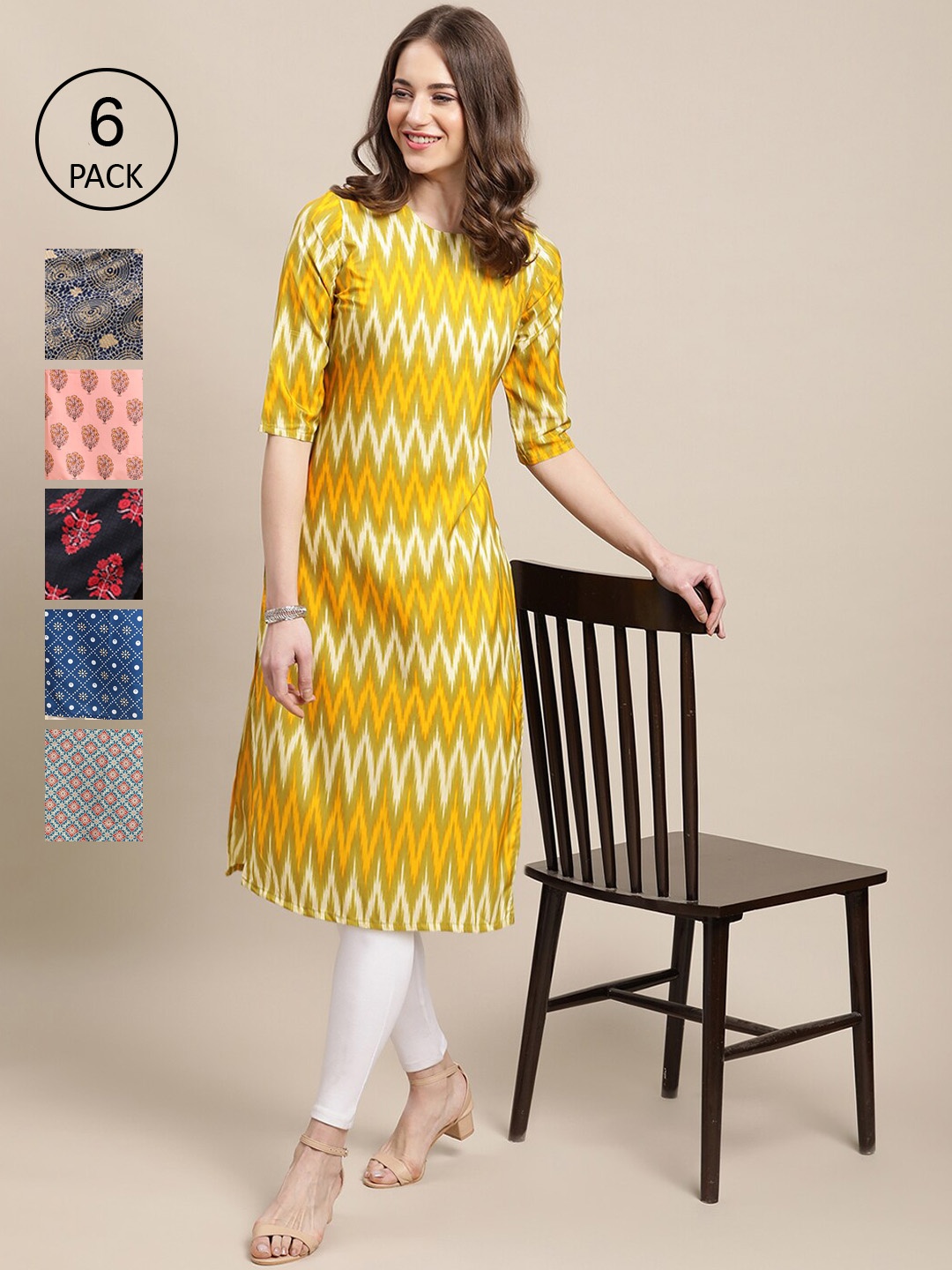 

7Threads Women Pack of 6 Digital Printed Crepe Straight Kurtas, Yellow