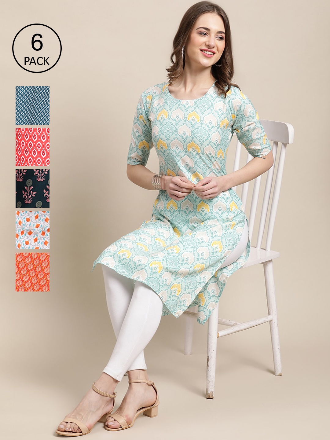 

7Threads Pack Of 6 Women Printed Crepe Kurta, Blue