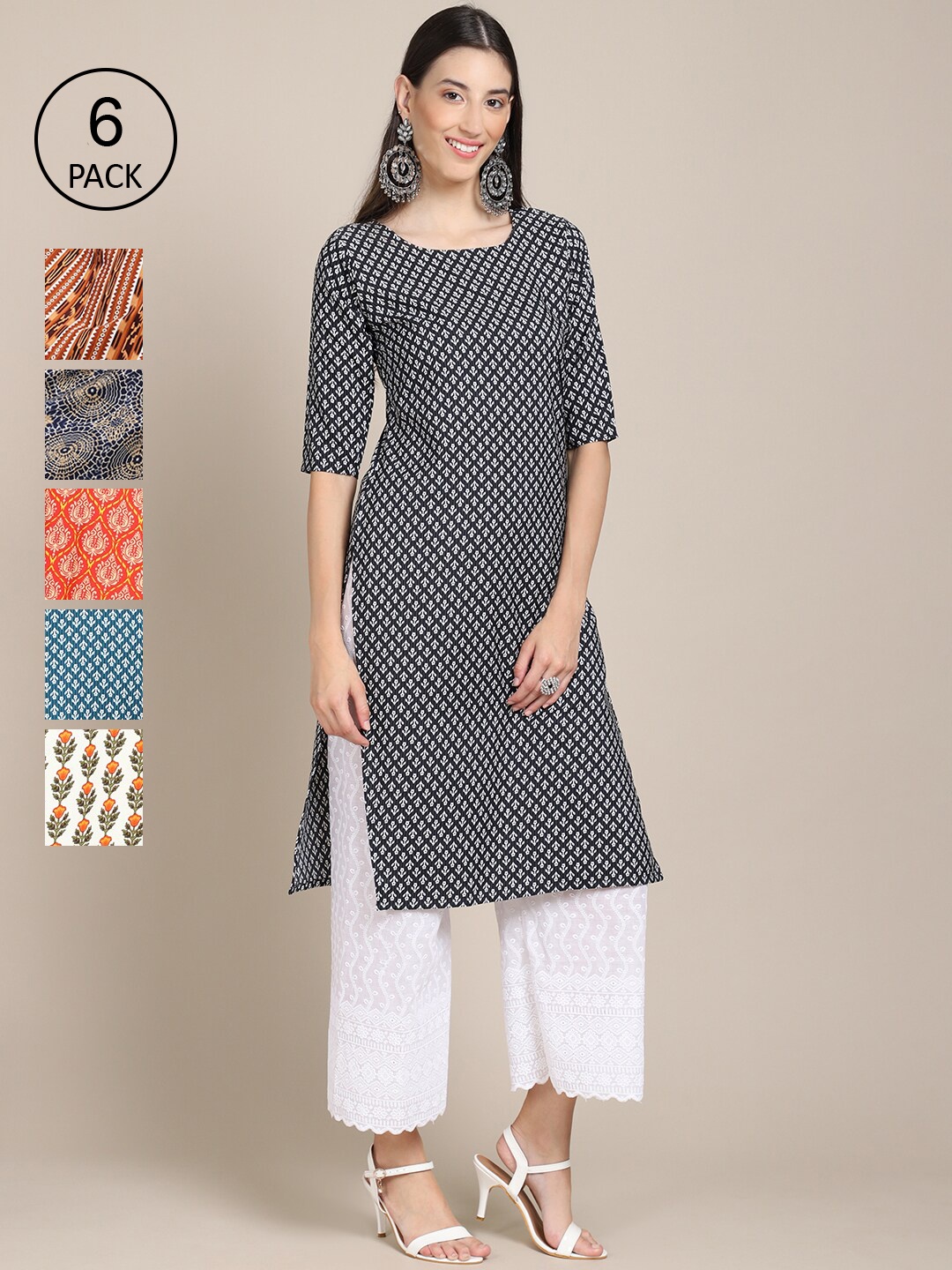 

7Threads Women Pack of 6 Digital Printed Crepe Straight Kurtas, Black