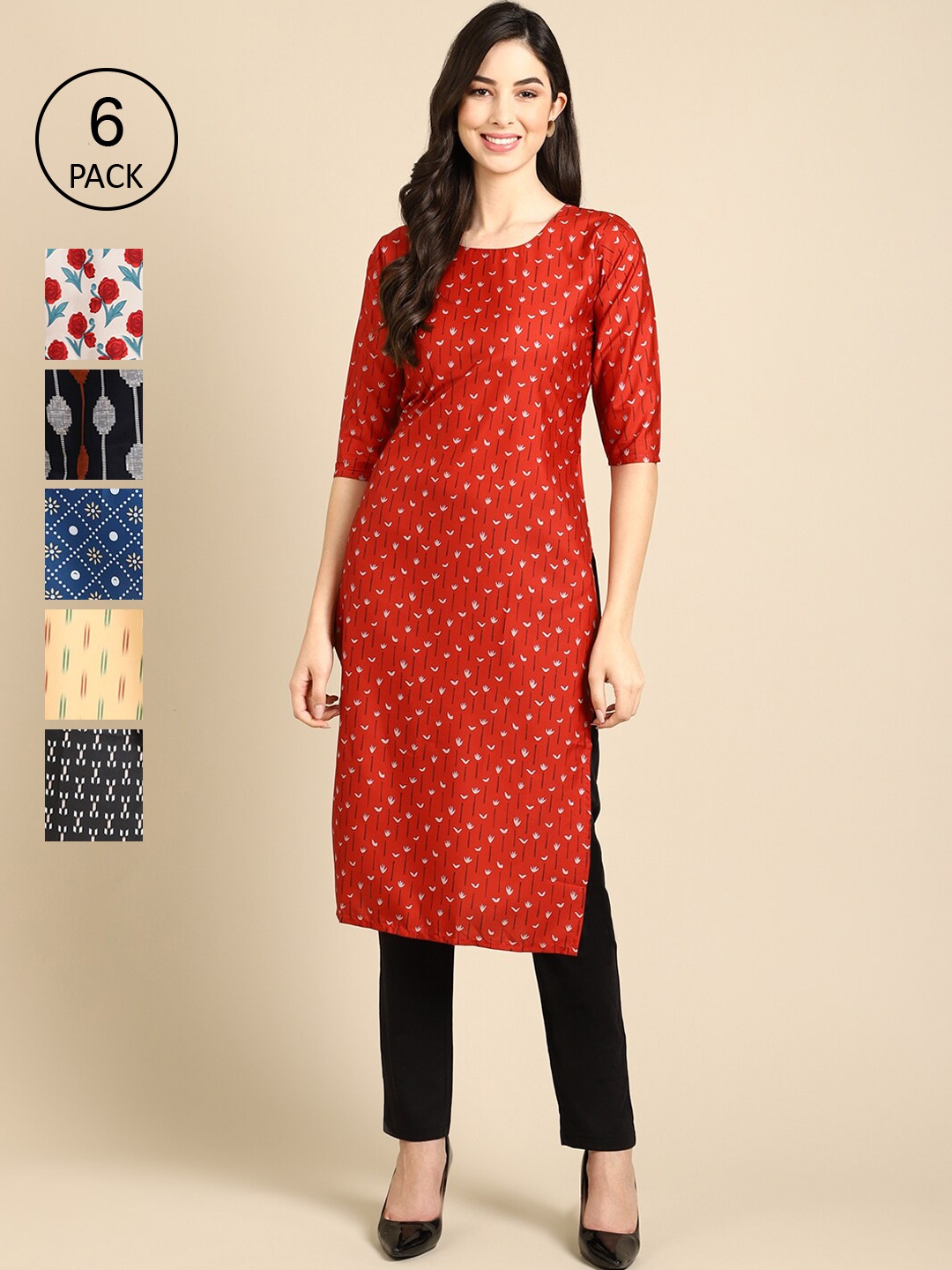 7Threads Pack Of 6 Women Printed Crepe Kurta, Red