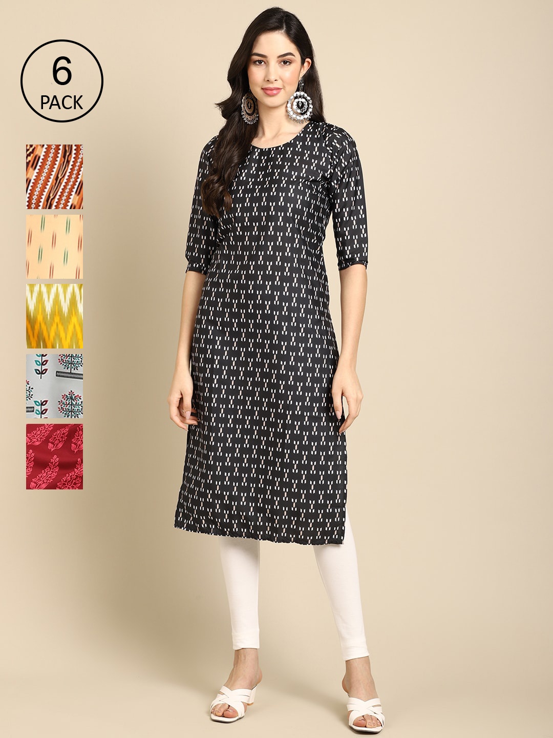 

7Threads Women Pack Of 6 Black Ethnic Motifs Printed Crepe Kurta