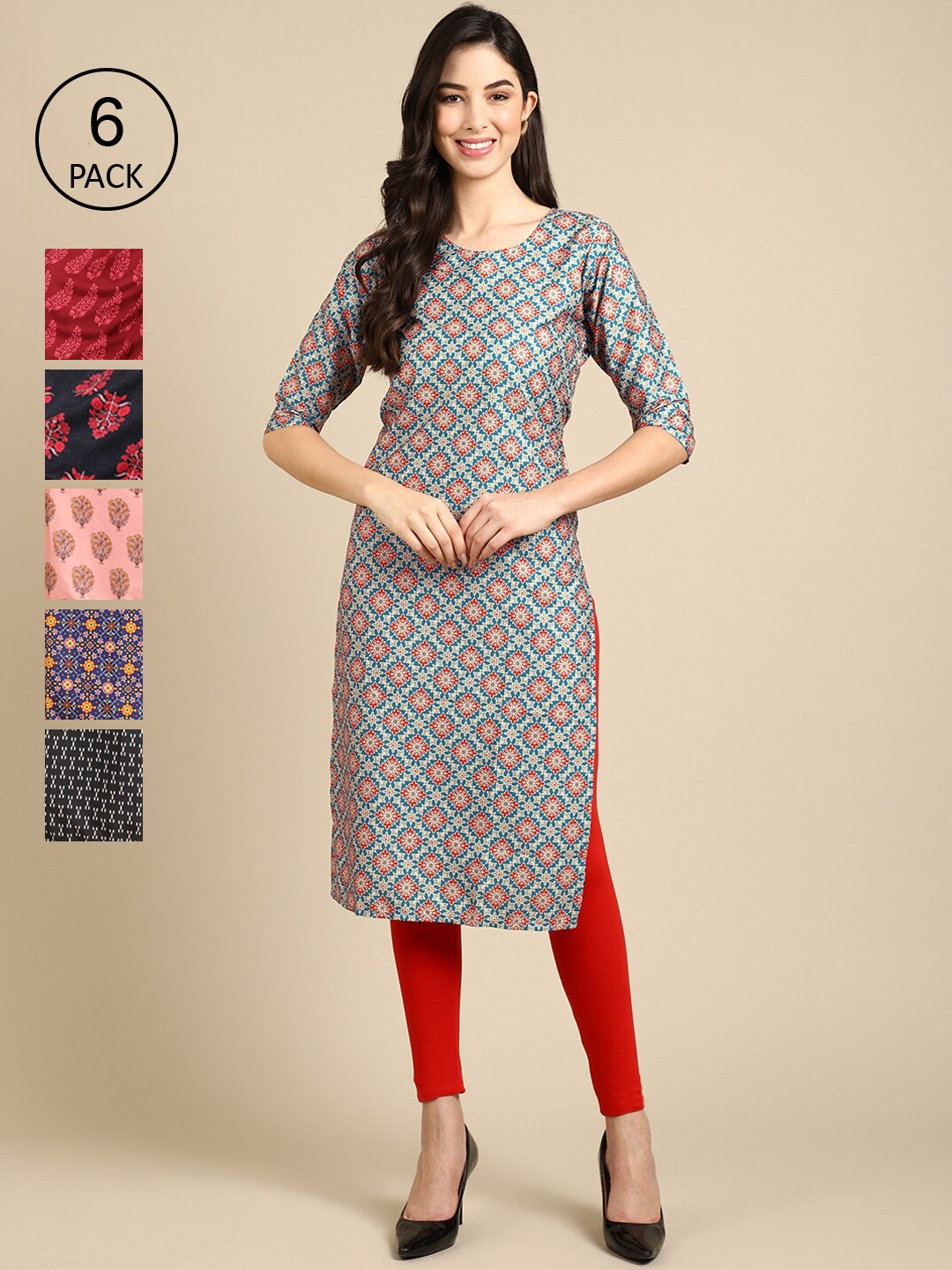 

7Threads Women Pack of 6 Printed Crepe Kurta, Navy blue