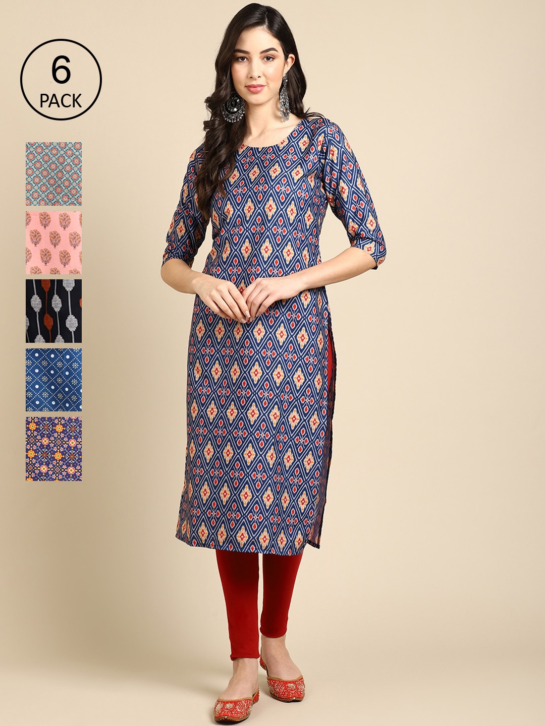 

7Threads Women Multicoloured Pack of 6 Digital Printed Straight Kurta, Multi