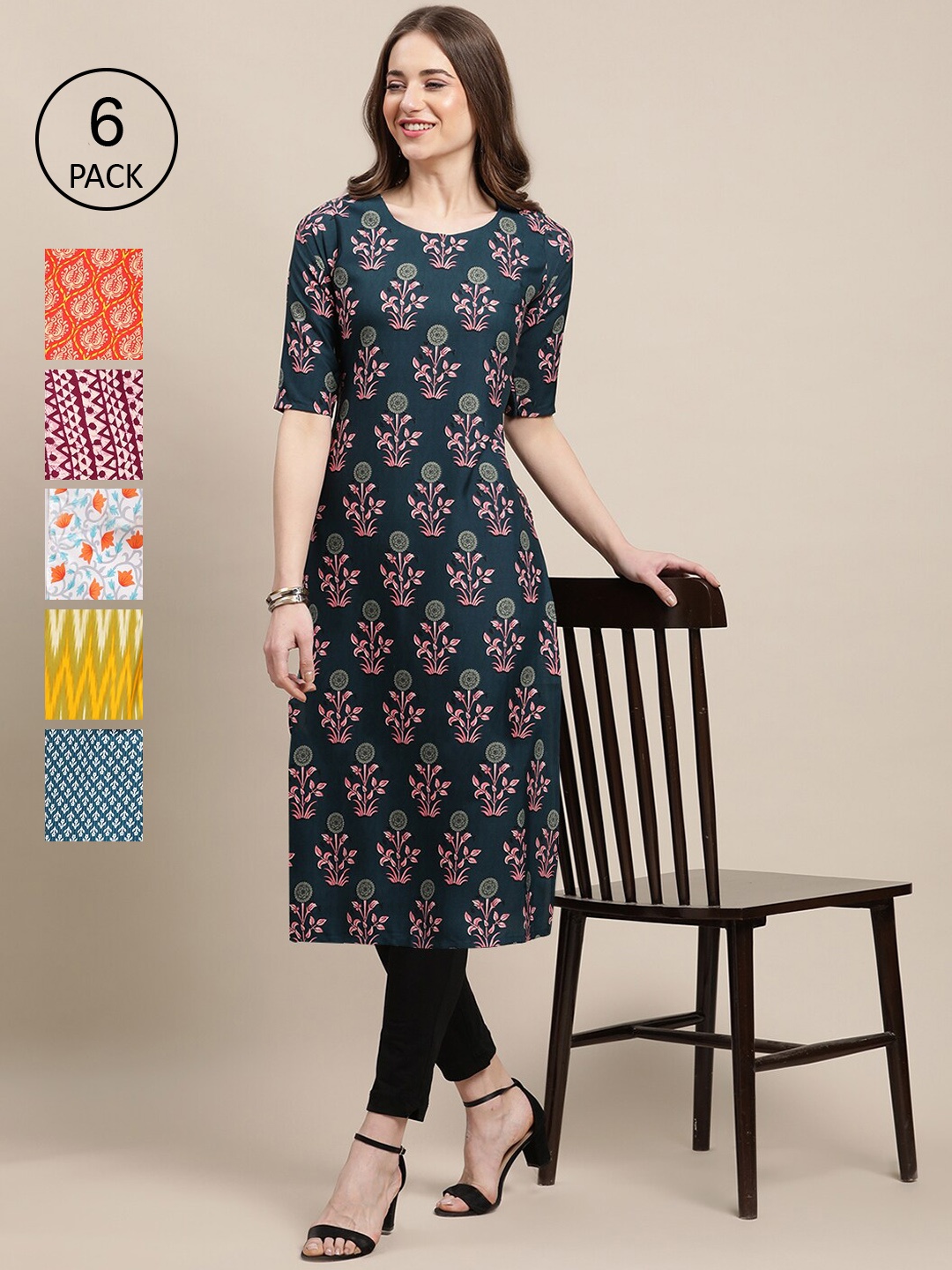 

7Threads Women Multicoloured Pack of 6 Digital Printed Straight Kurta, Multi