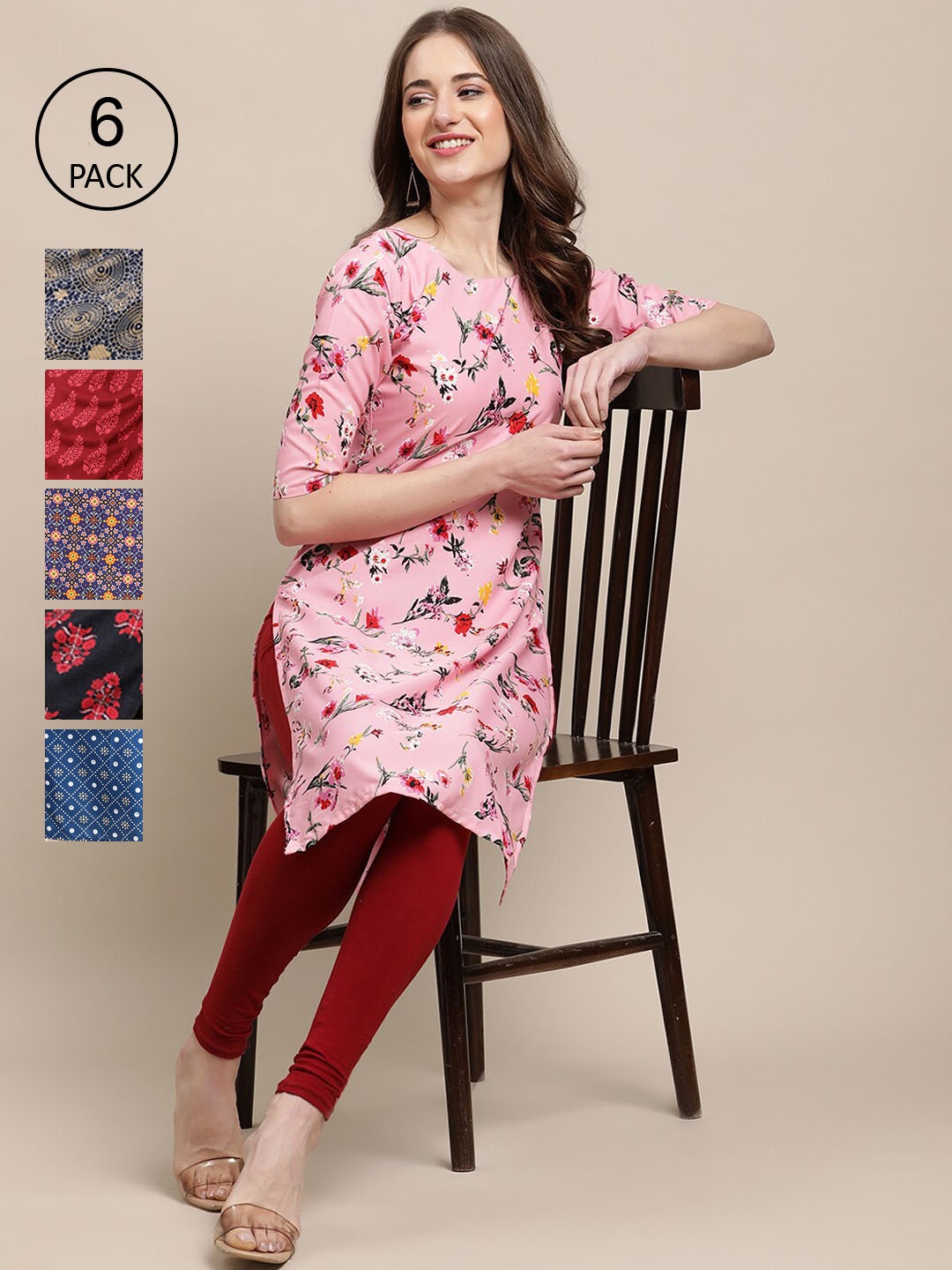 

7Threads Women Multicoloured Pack of 6 Digital Printed Straight Kurta, Multi