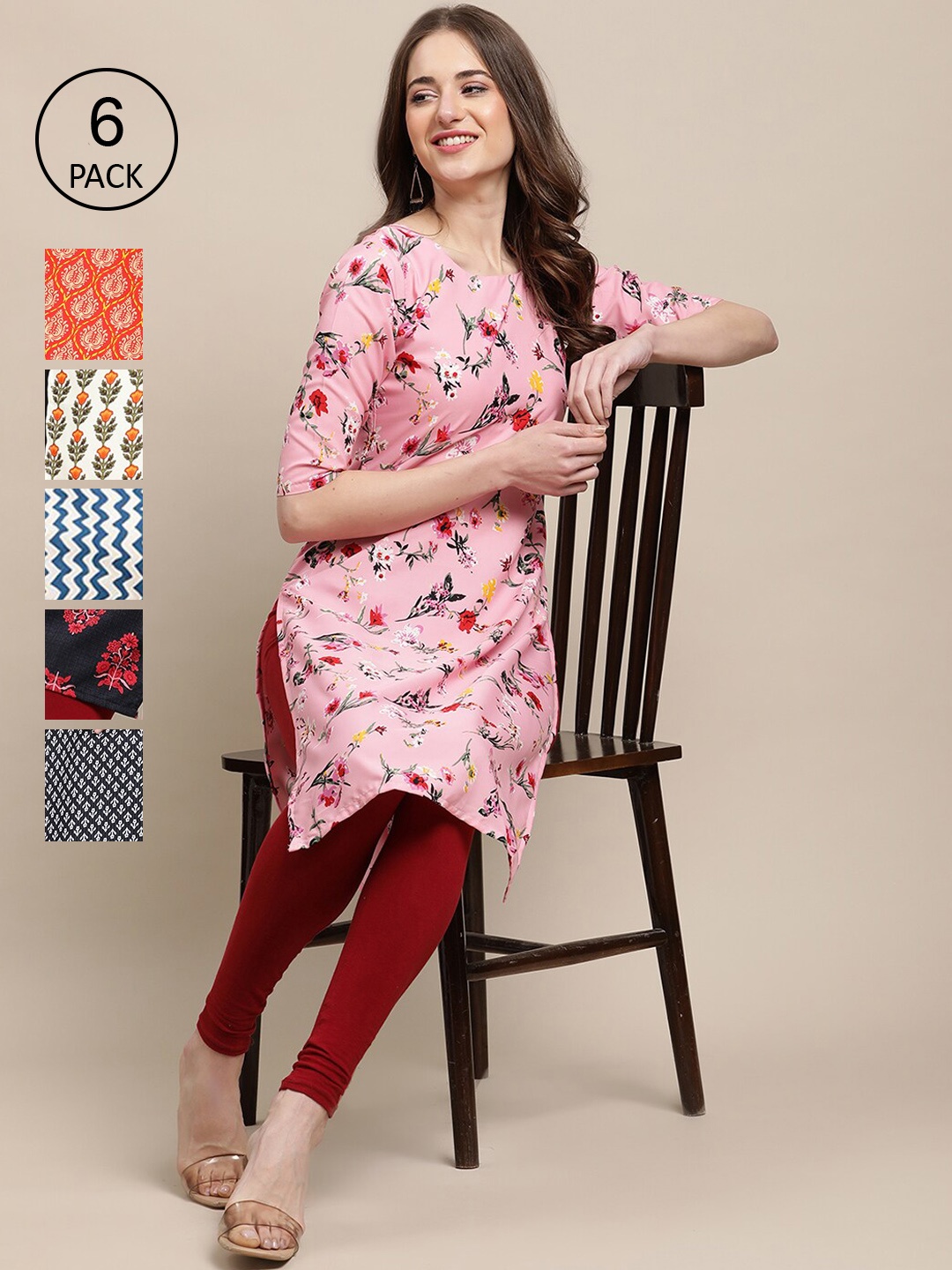 

7Threads Women Multicoloured Pack of 6 Digital Printed Straight Kurta, Multi
