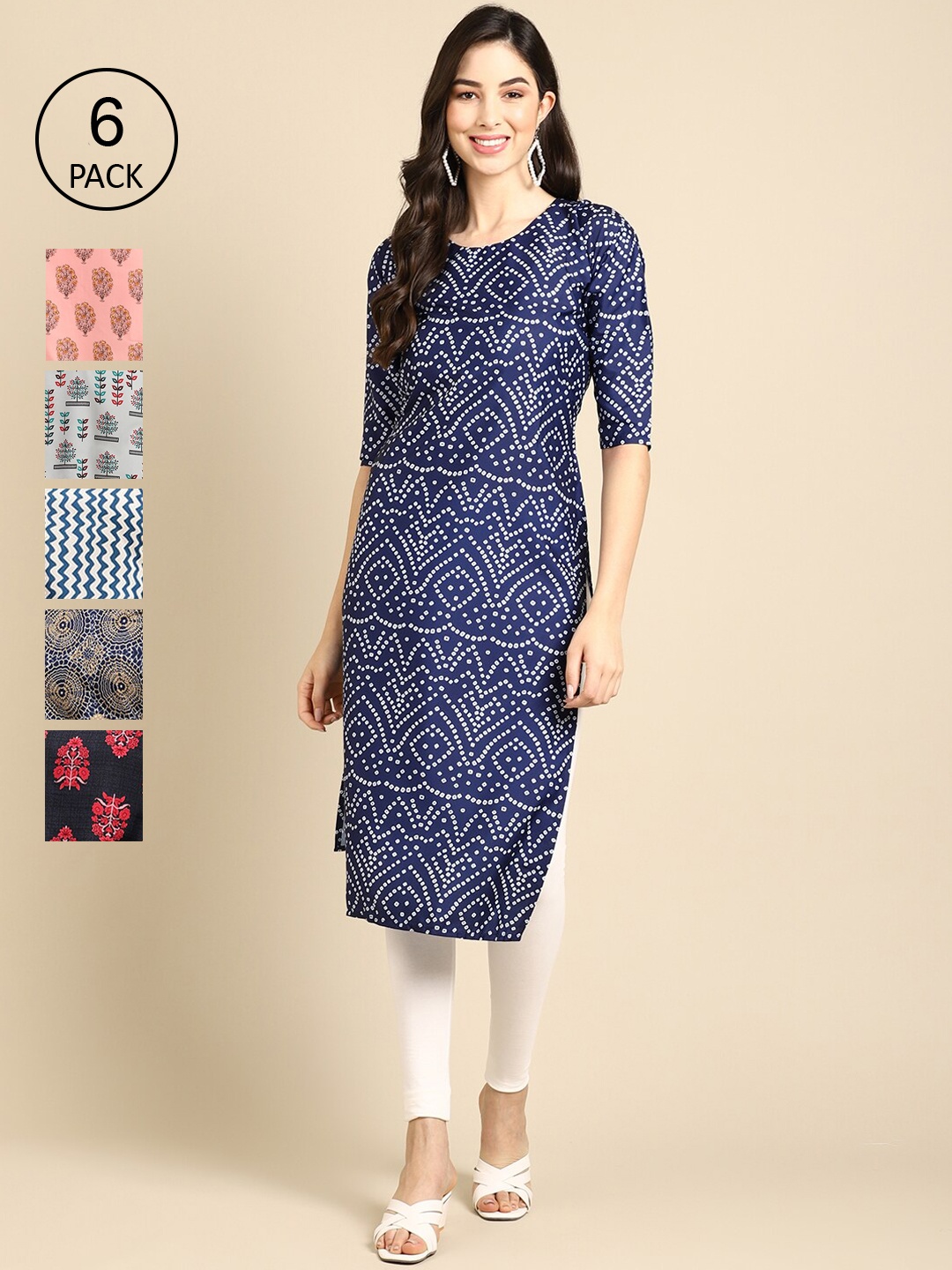 

7Threads Women Multicoloured Pack of 6 Digital Printed Straight Kurtas, Multi