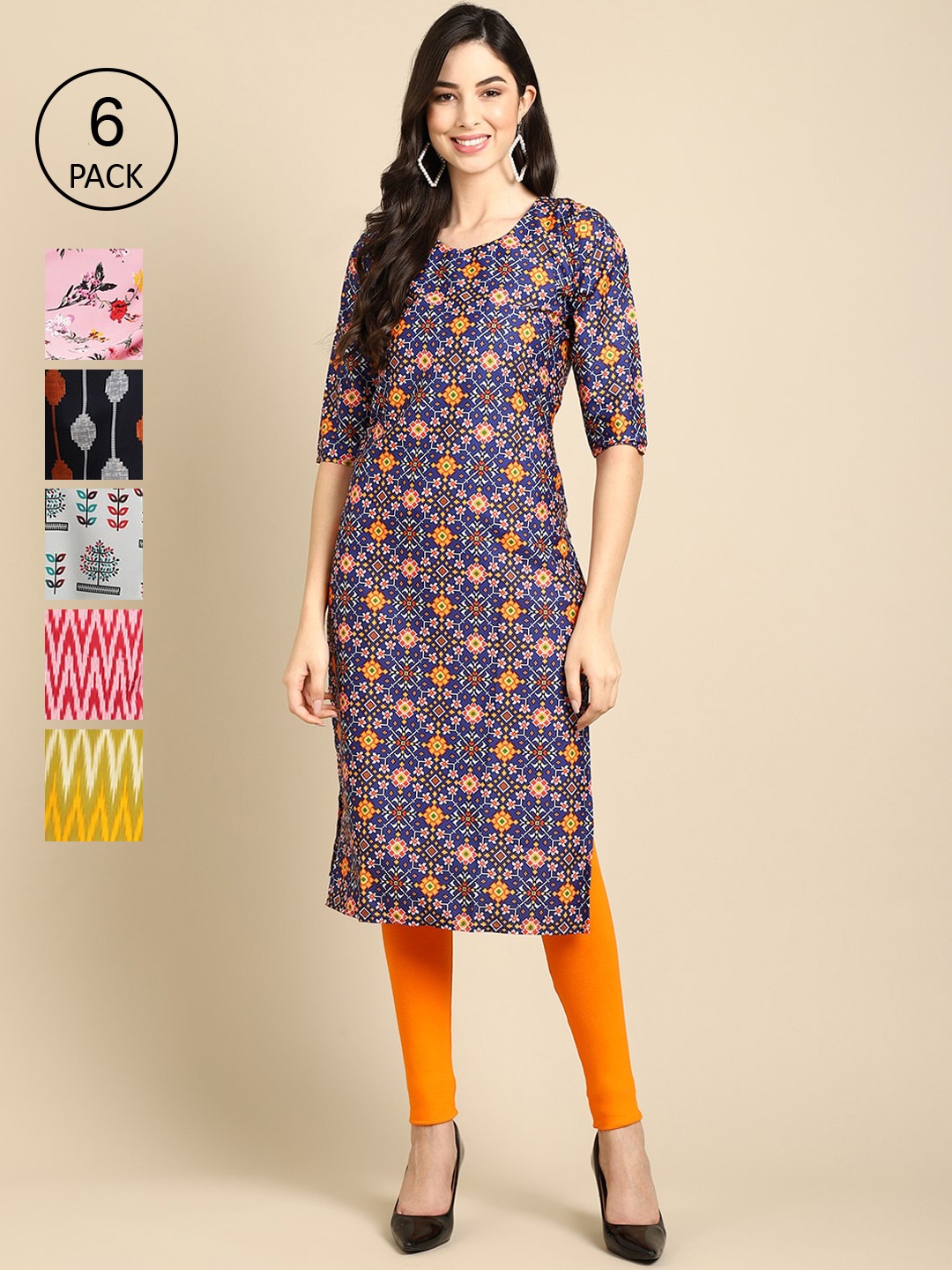 

7Threads Women Multicoloured Pack of 6 Digital Printed Straight Kurtas, Multi