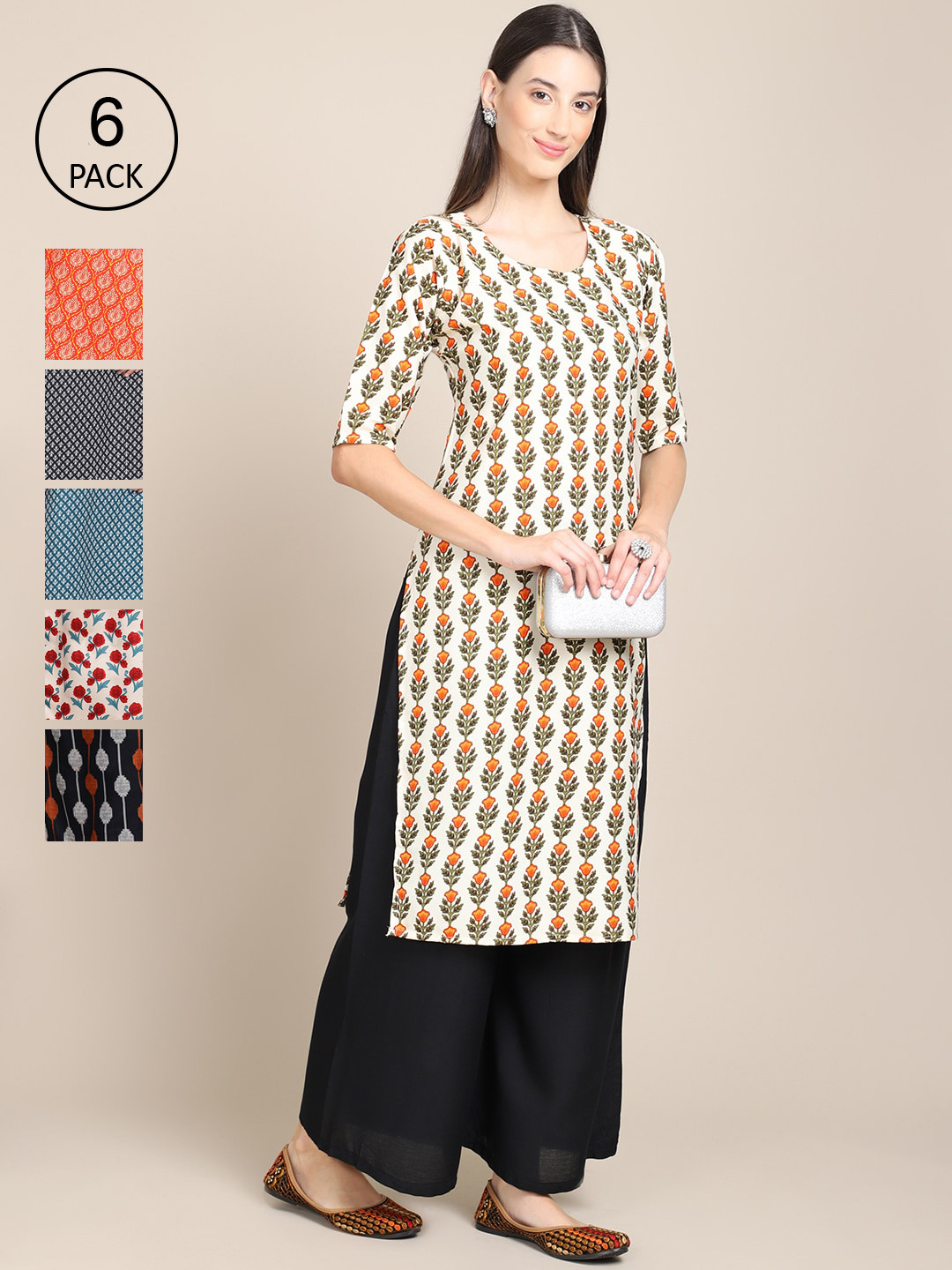 

7Threads Women Red & Blue Pack Of 6 Geometric Printed Block Print Crepe Kurta