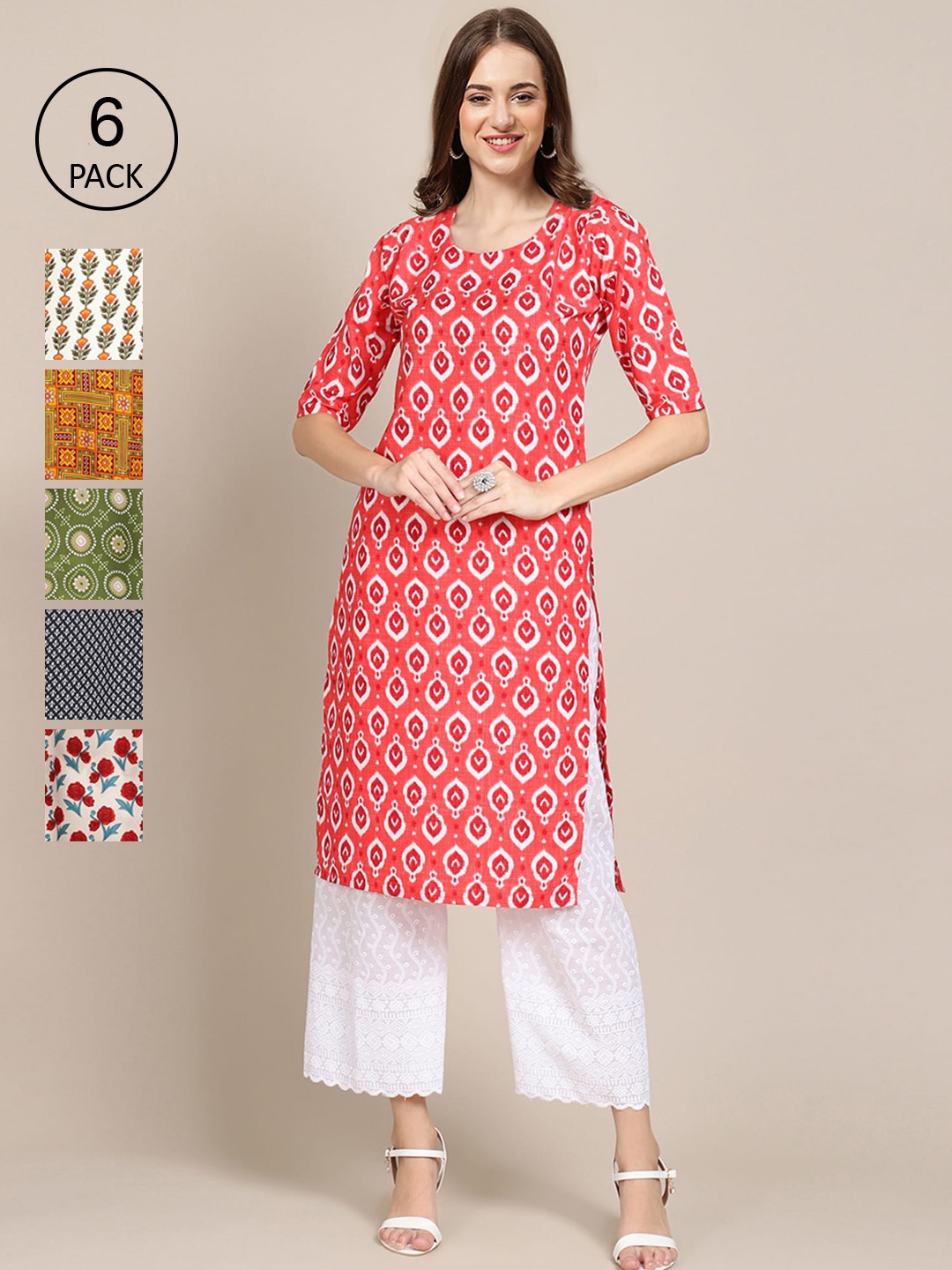 

7Threads Women Multicoloured Geometric Printed Crepe Kurta, Red