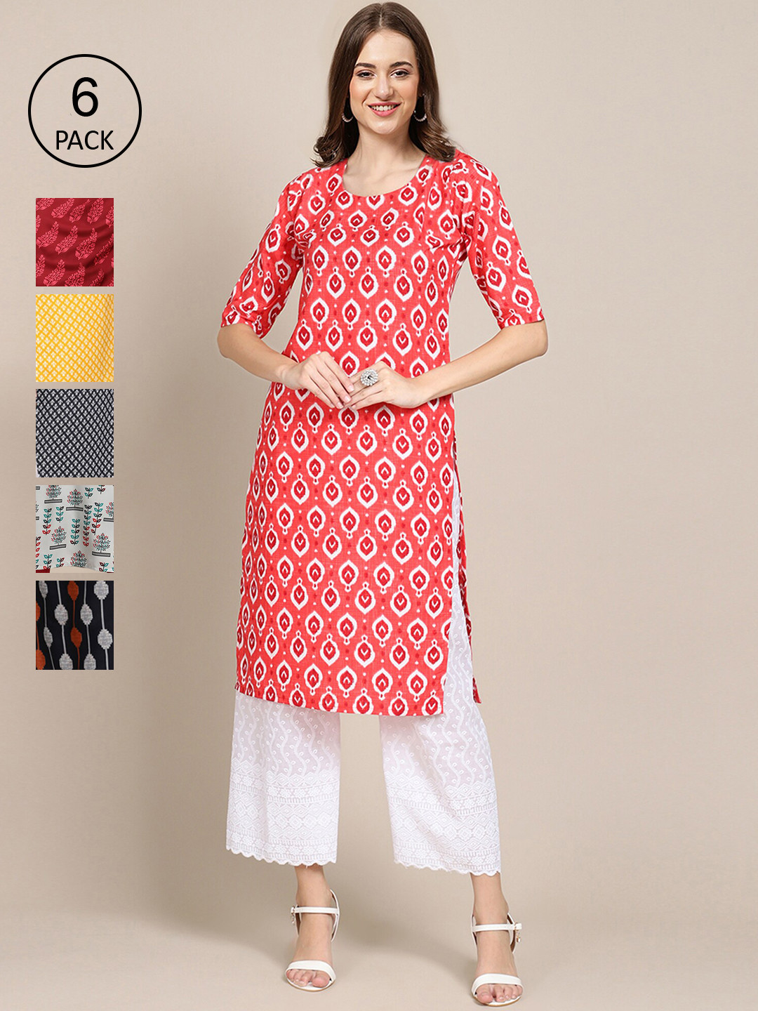 

7Threads Women Red & Black Pack Of 6 Geometric Printed Block Print Crepe Kurta