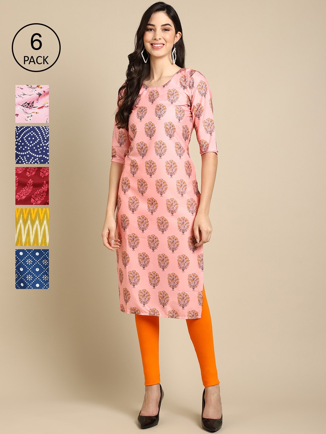 

7Threads Women Yellow & Blue Pack Of 6 Geometric Printed Block Print Crepe Kurta