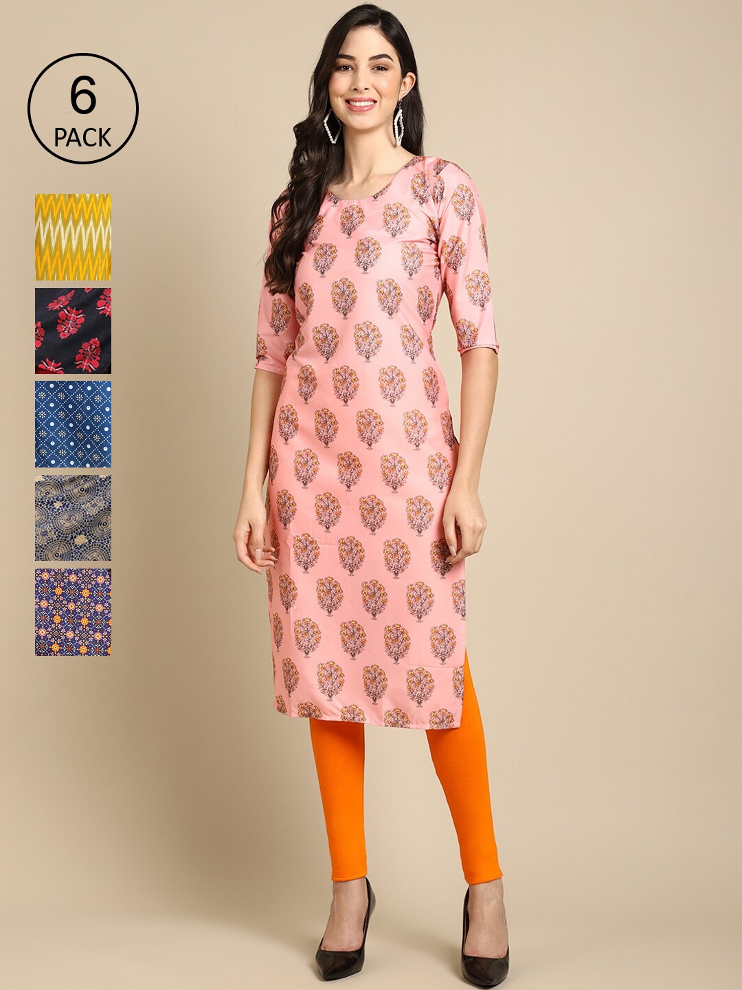 

7Threads Women Pink & Yellow Pack of 6 Geometric Printed Crepe Kurtas