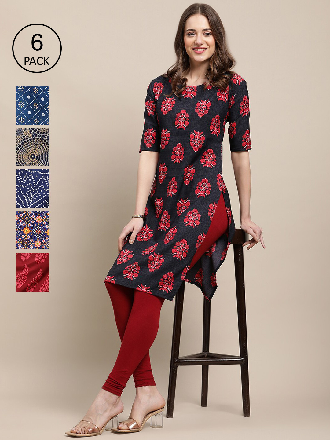 

7Threads Women Red & Navy Blue Pack of 6 Geometric Printed Crepe Kurtas