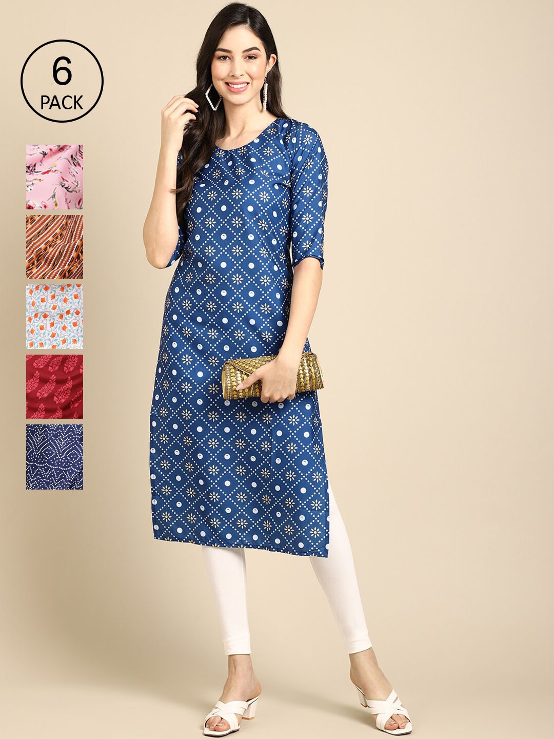 

7Threads Women Pack of 6 Geometric Printed Crepe Kurtas, Blue
