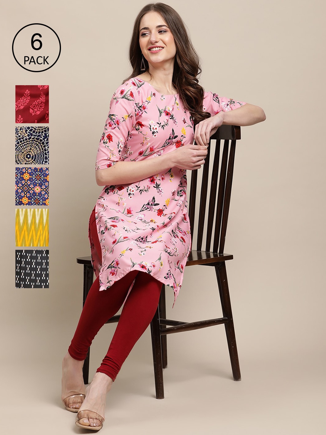 

7Threads Women Pink & Yellow Pack of 6 Floral Printed Crepe Kurtas