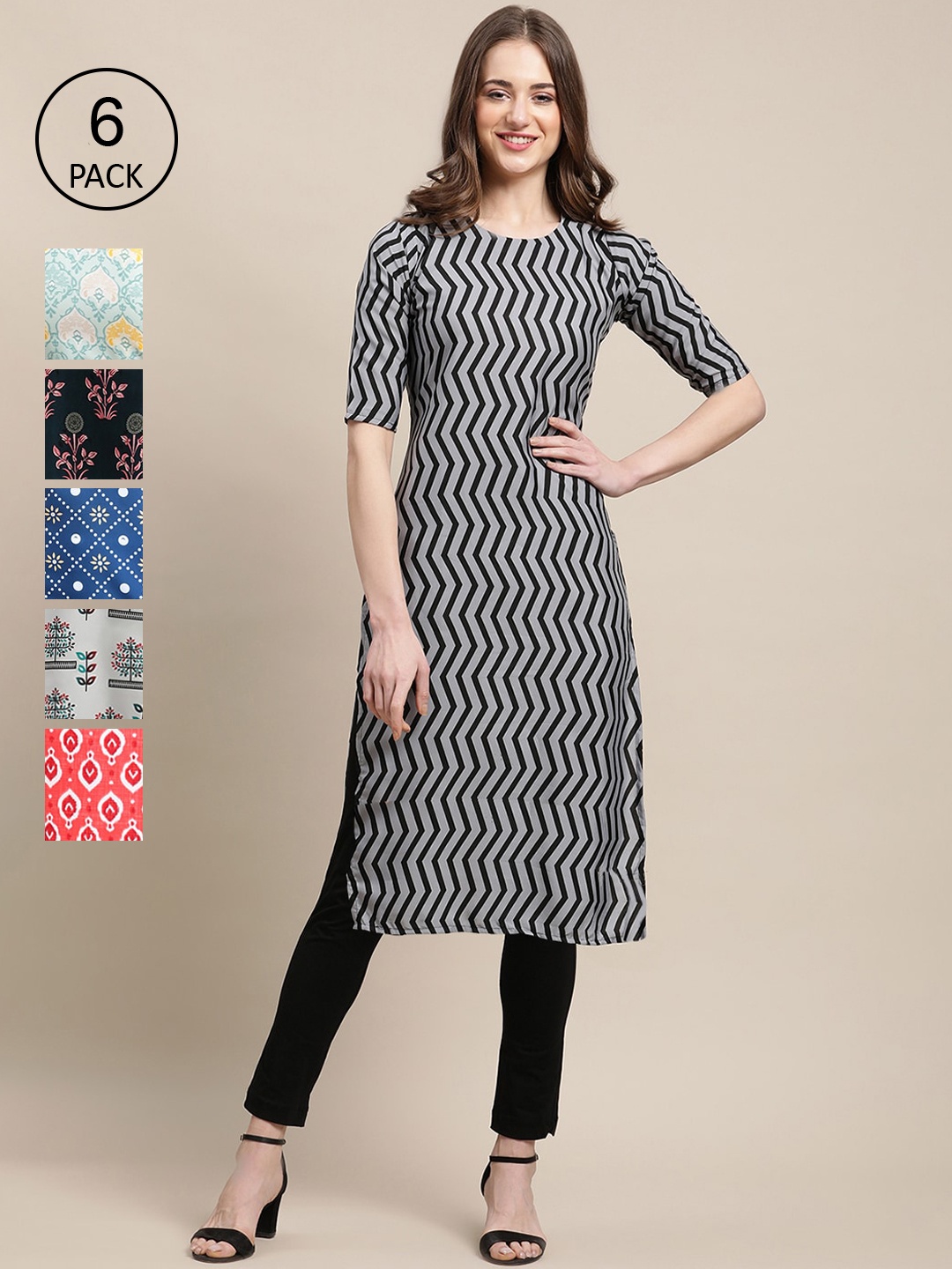 

7Threads Women Pack of 6 Geometric Printed Crepe Kurtas, Black